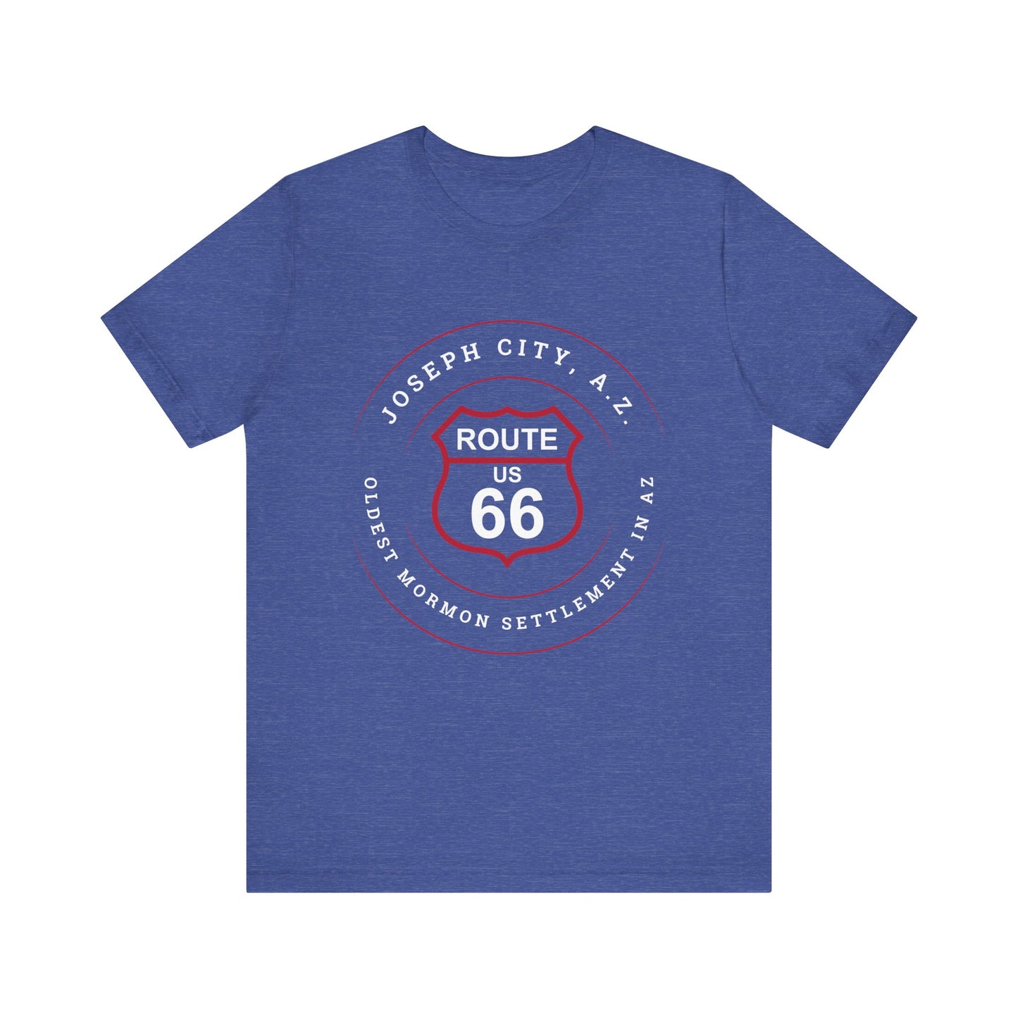 Heather true royal retro Route 66 unisex jersey tee with Joseph City, AZ: "Oldest Mormon Settlement in AZ" design