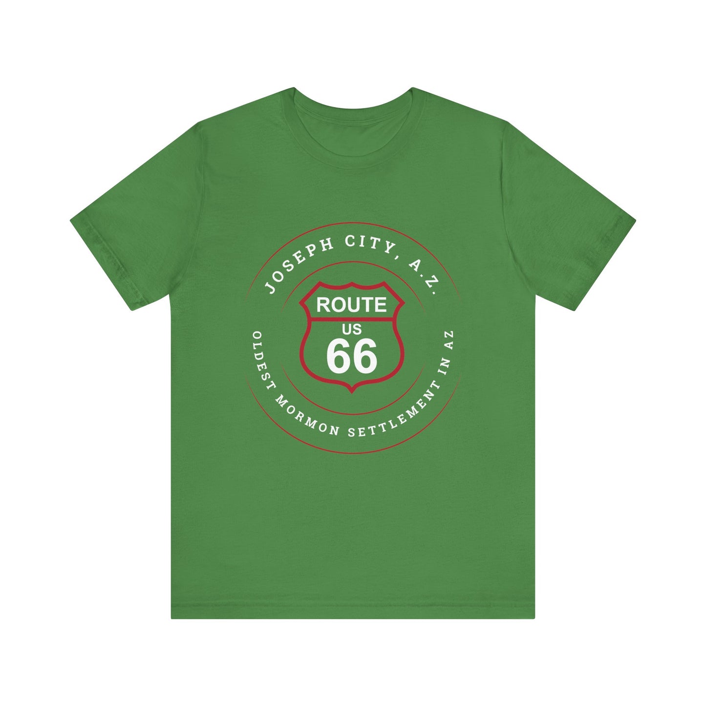 Leaf retro Route 66 unisex jersey tee with Joseph City, AZ: "Oldest Mormon Settlement in AZ" design
