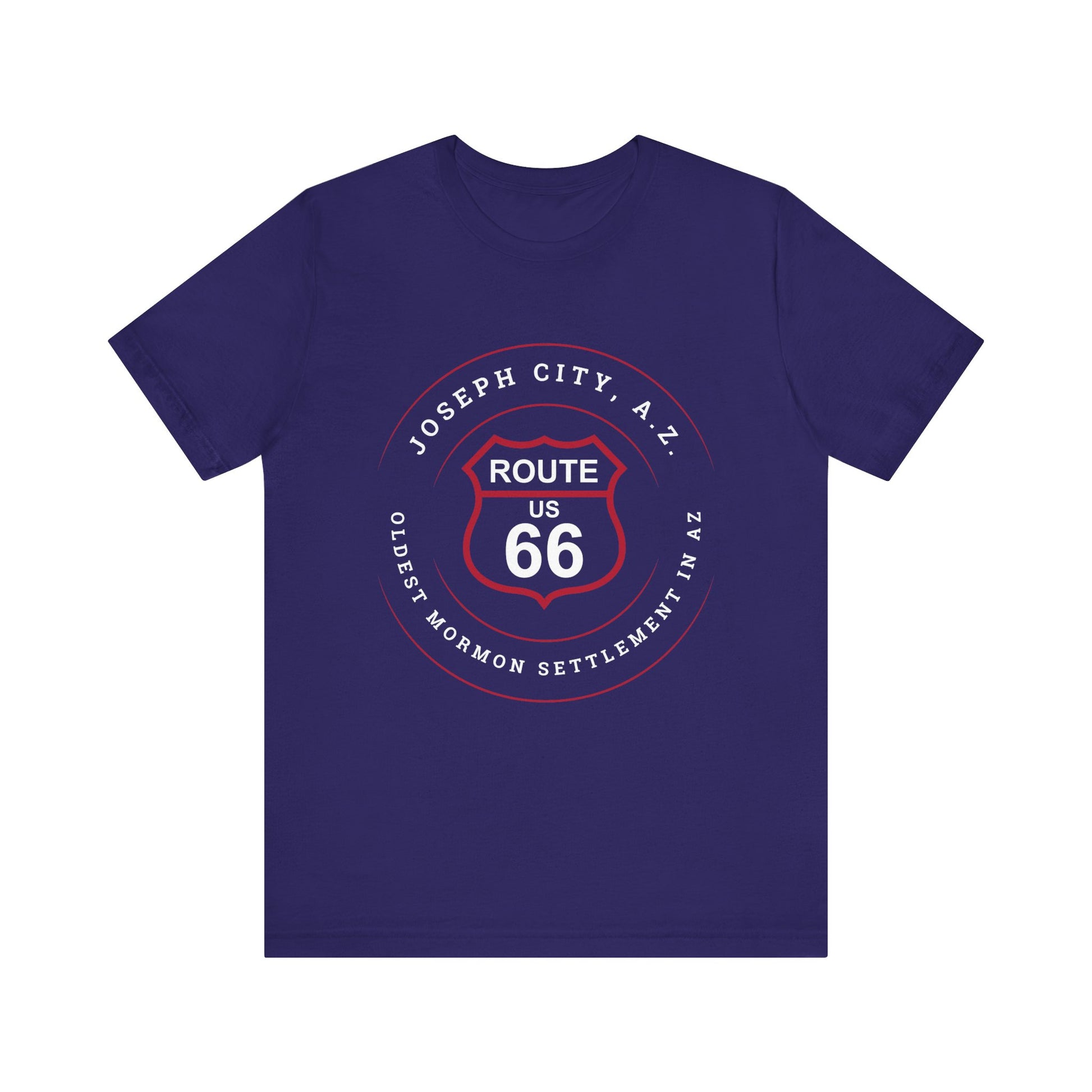 Team navy retro Route 66 unisex jersey tee with Joseph City, AZ: "Oldest Mormon Settlement in AZ" design