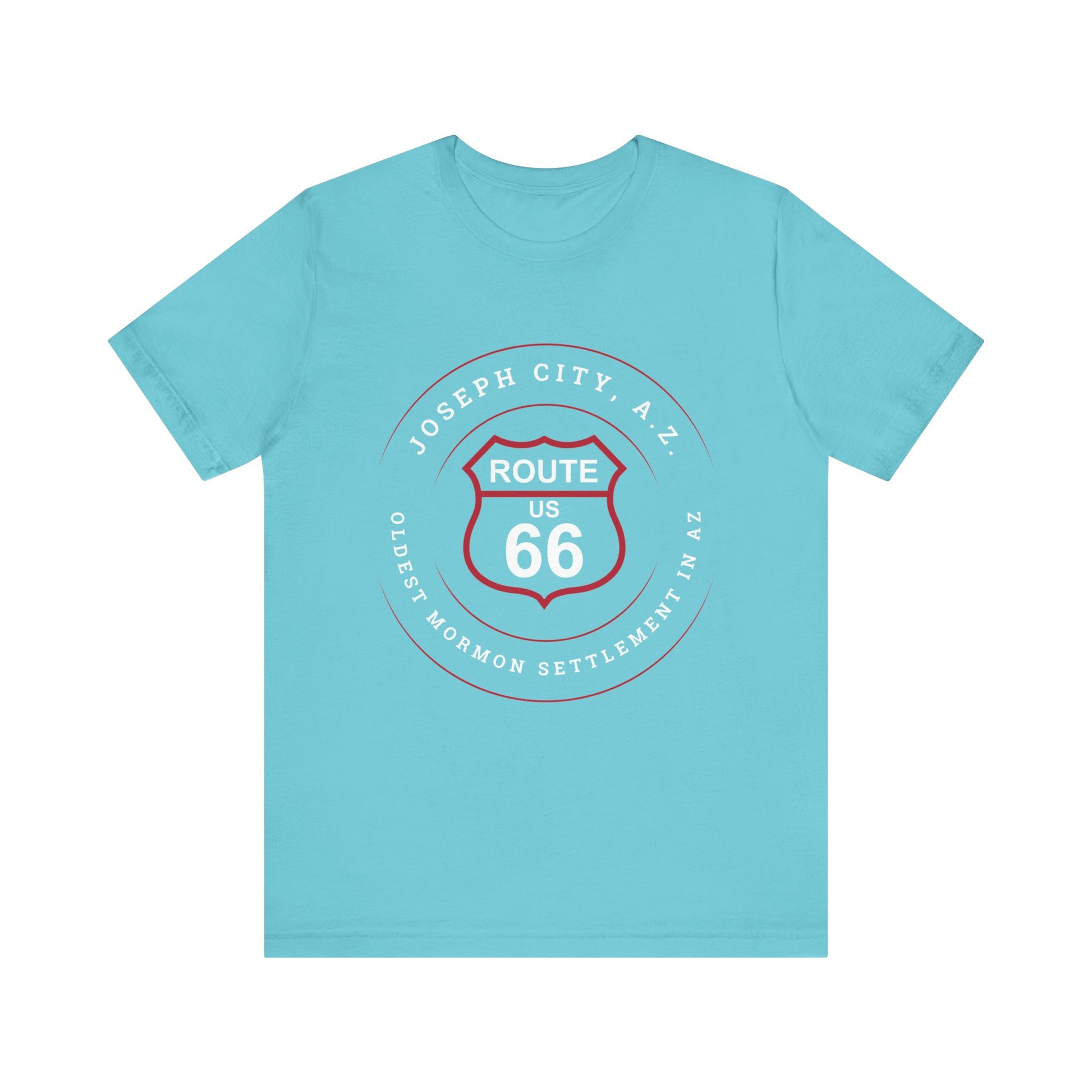 Turquoise retro Route 66 unisex jersey tee with Joseph City, AZ: "Oldest Mormon Settlement in AZ" design