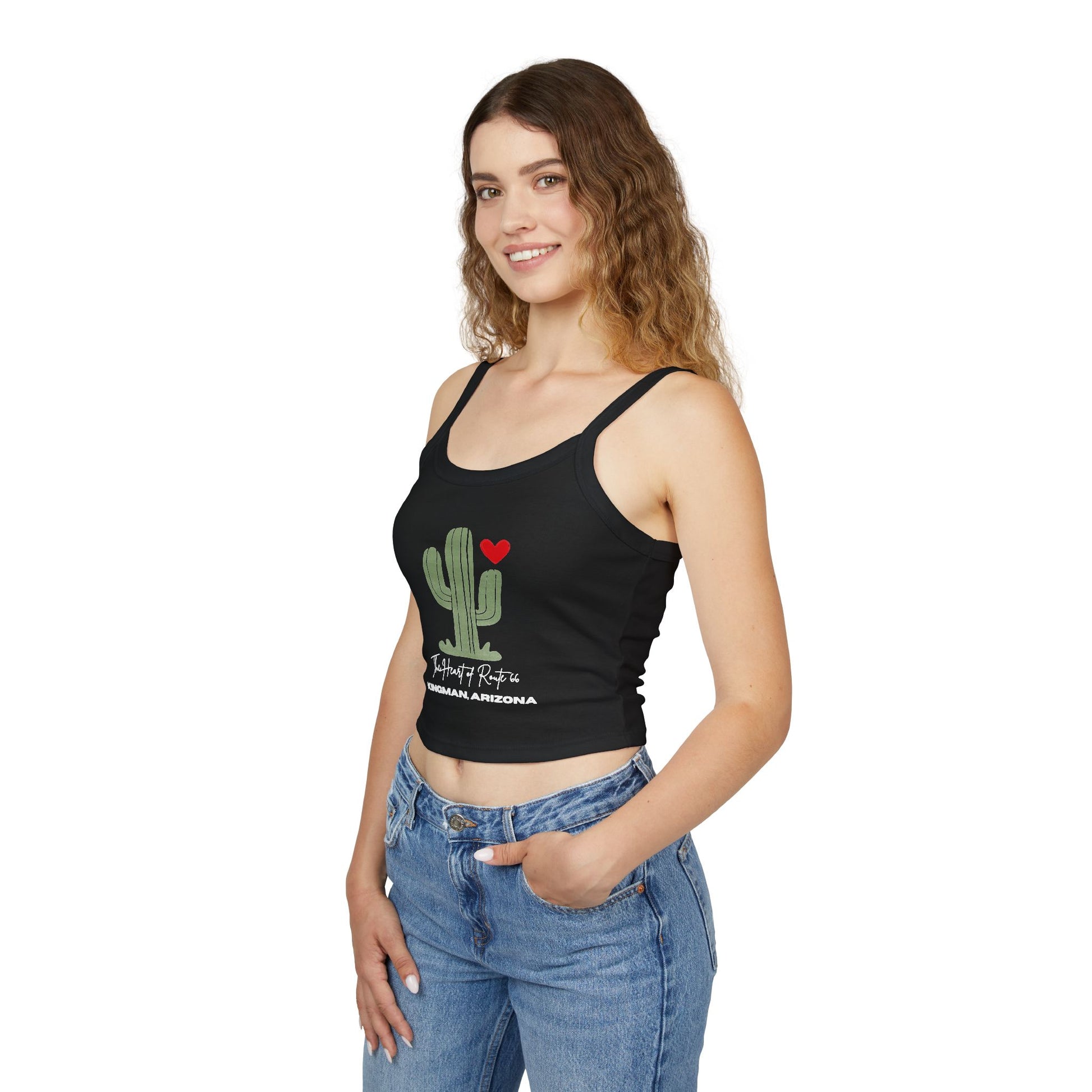 Solid black blend Route 66 spaghetti strap tank with a graphic of a hand=drawn cactus and a red heart, styled with jeans for a casual high desert look.
