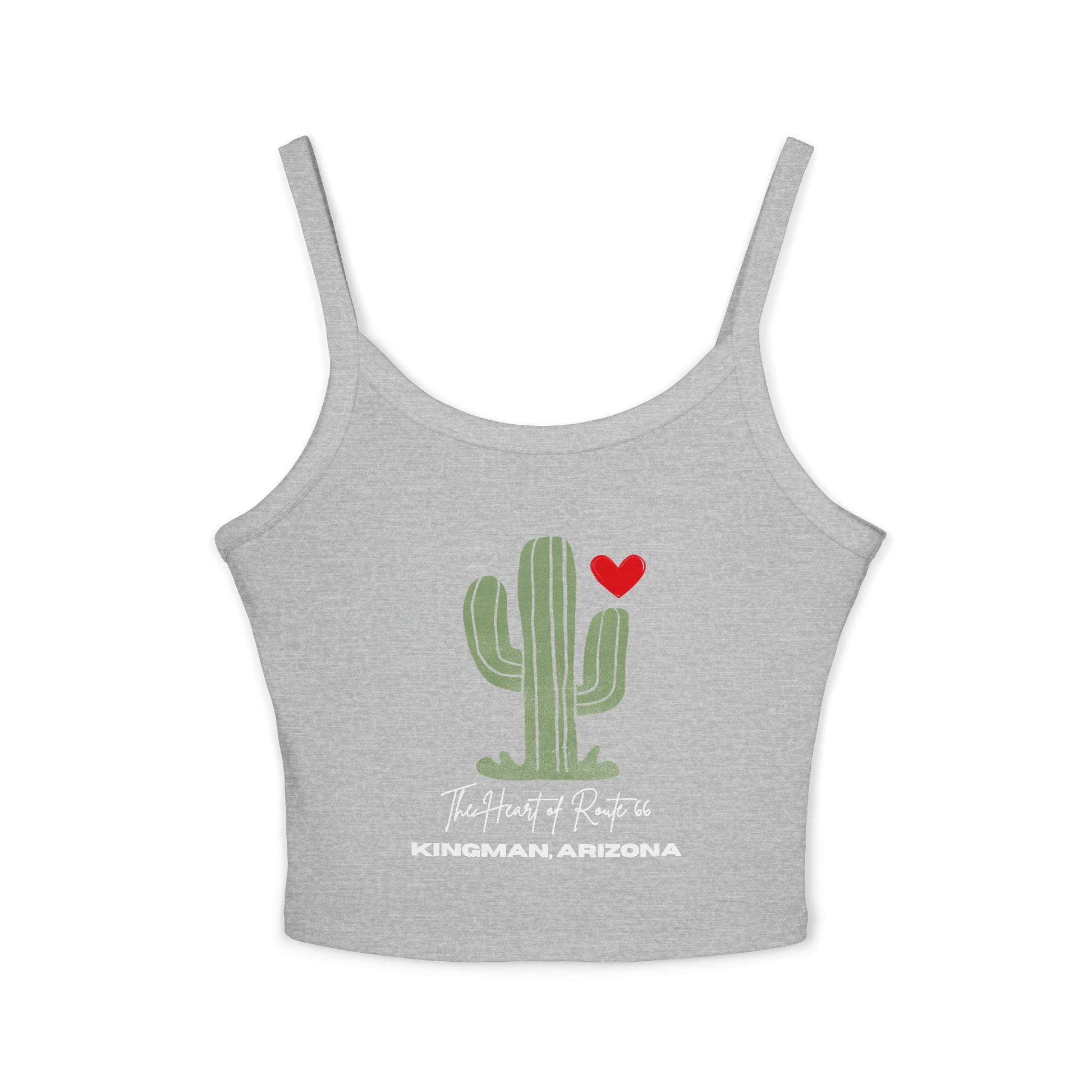Close-up product photo of athletic heather Route 66 spaghetti strap tank featuring "The Heart of Route 66" and "Kingman, Arizona" text. There is also a cactus design with a red heart, perfectly capturing the beauty of the high desert.