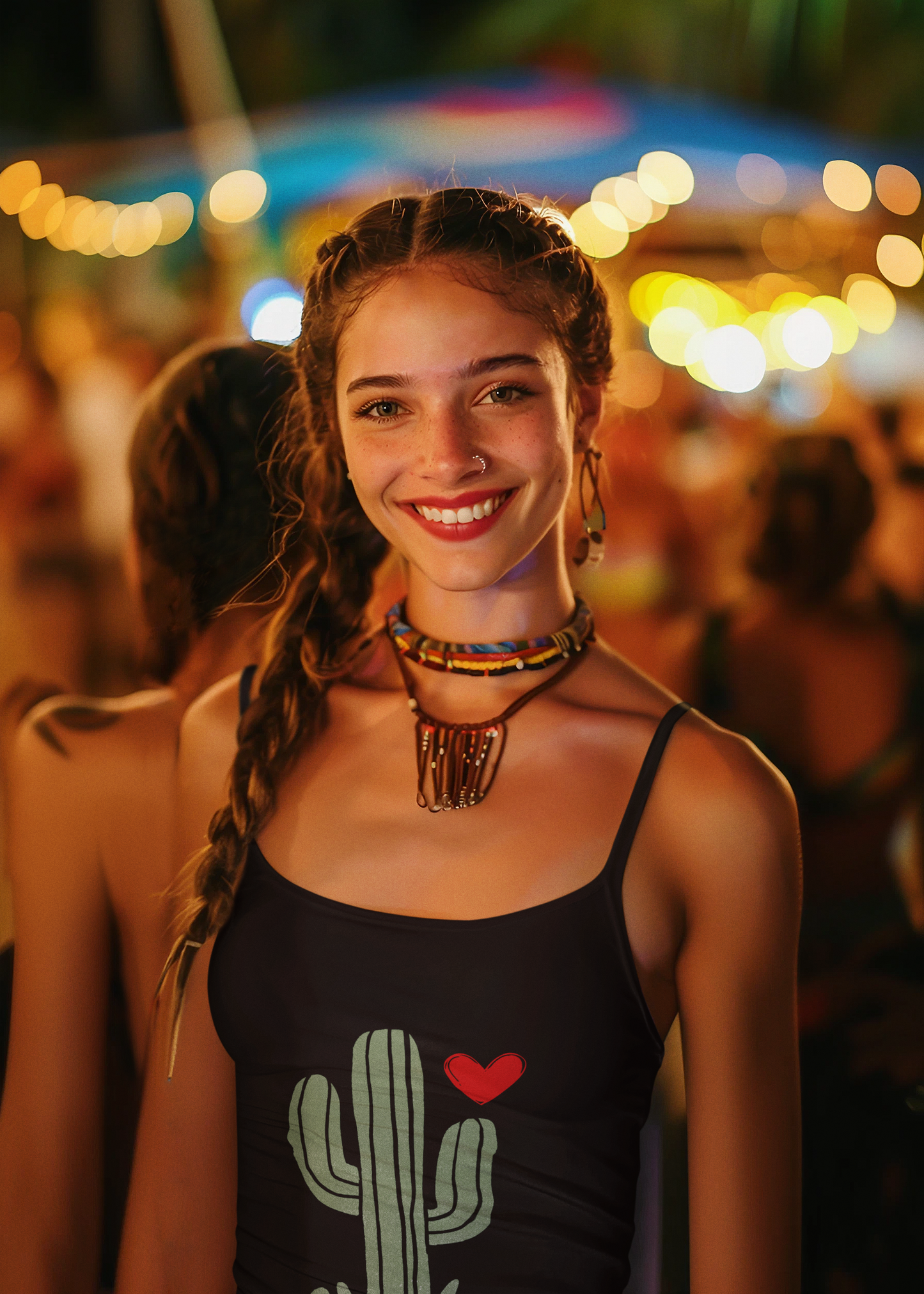 Smiling female teen wearing a Kingman Arizona Route 66 spaghetti strap tank top with a cactus and heart design and the words "The Heart of Route 66" in cursive and "Kingman, Arizona" in block caps. The girl is a lively outdoor festival.