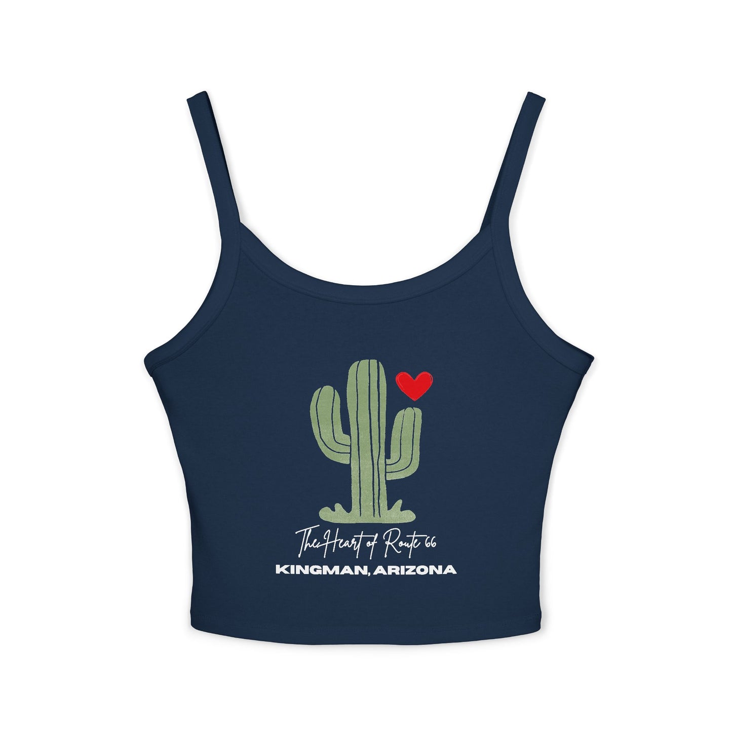 Close-up product photo of solid navy blend Route 66 spaghetti strap tank featuring "The Heart of Route 66" and "Kingman, Arizona" text. There is also a cactus design with a red heart, perfectly capturing the beauty of the high desert.