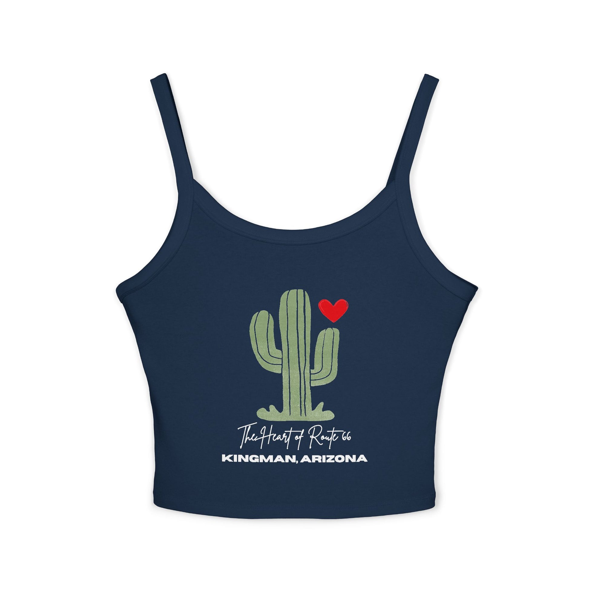 Close-up product photo of solid navy blend Route 66 spaghetti strap tank featuring "The Heart of Route 66" and "Kingman, Arizona" text. There is also a cactus design with a red heart, perfectly capturing the beauty of the high desert.