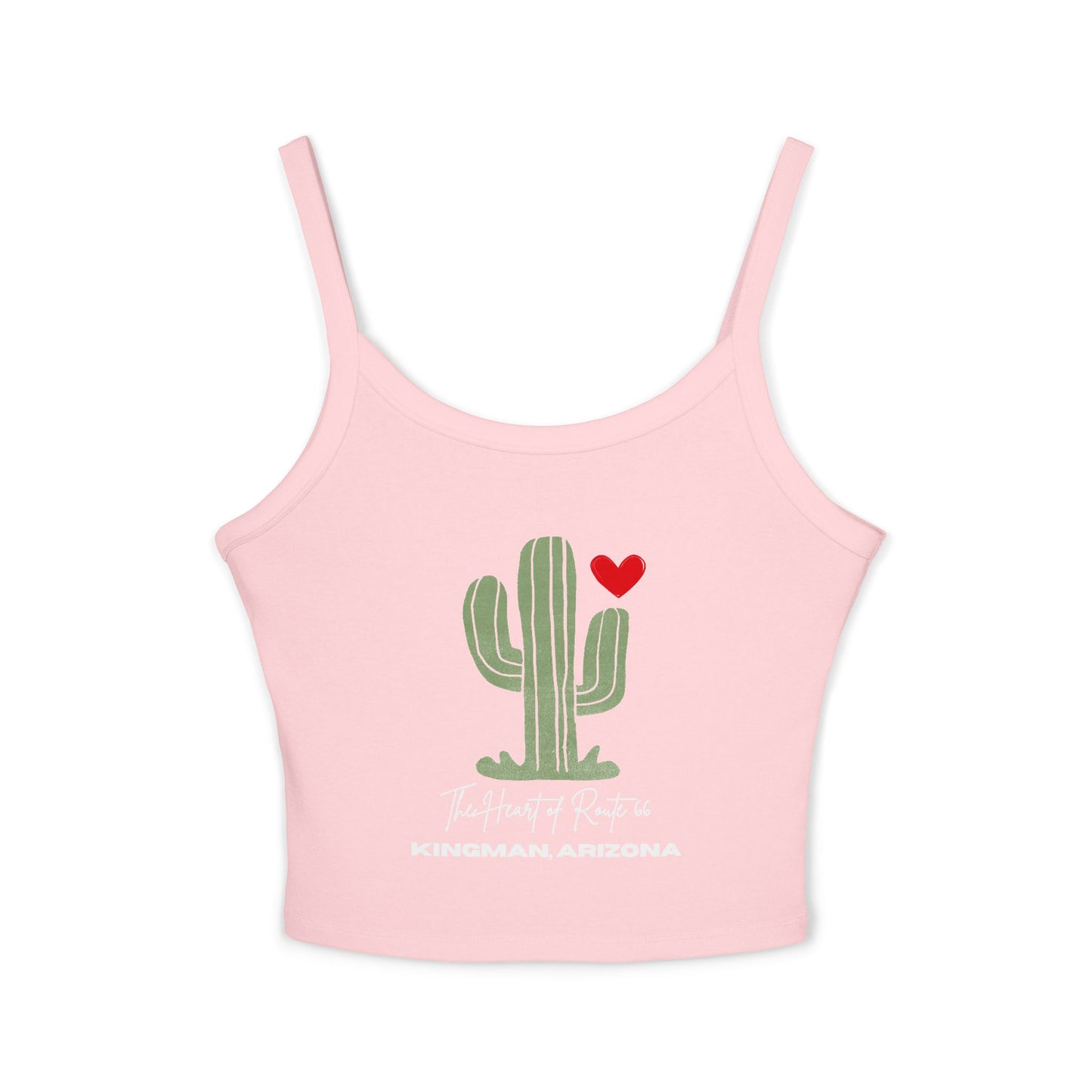 Close-up product photo of solid pink blend Route 66 spaghetti strap tank featuring "The Heart of Route 66" and "Kingman, Arizona" text. There is also a cactus design with a red heart, perfectly capturing the beauty of the high desert.