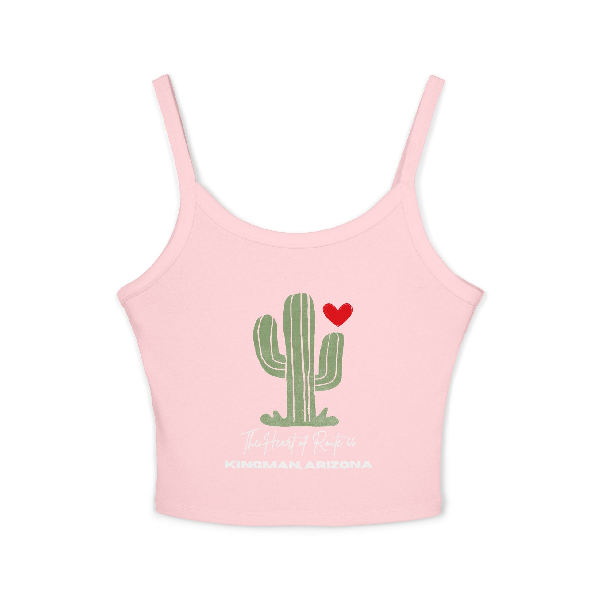 Close-up product photo of solid pink blend Route 66 spaghetti strap tank featuring "The Heart of Route 66" and "Kingman, Arizona" text. There is also a cactus design with a red heart, perfectly capturing the beauty of the high desert.