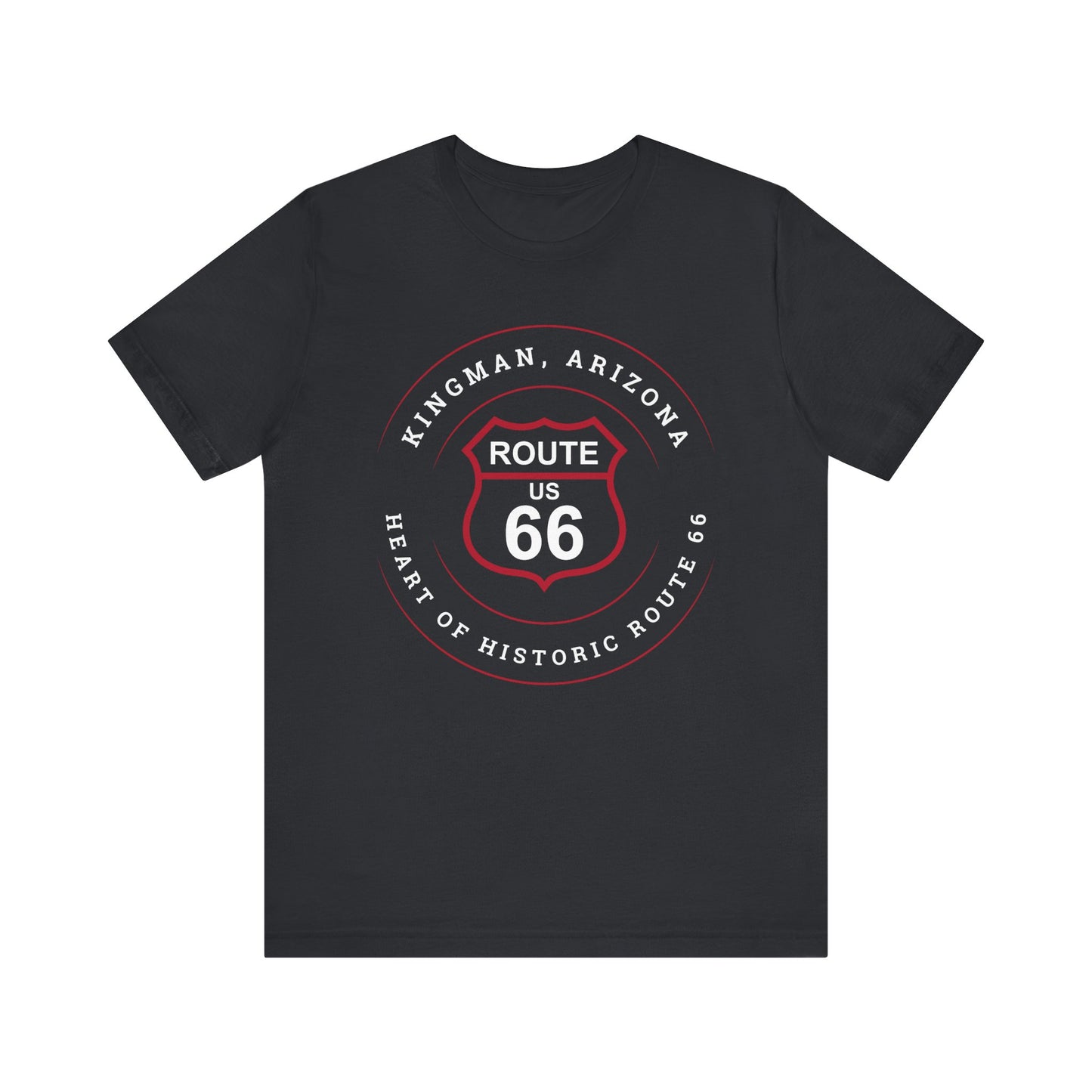 Black heather retro Route 66 unisex jersey tee with Kingman, AZ: "Heart of Historic Route 66" design
