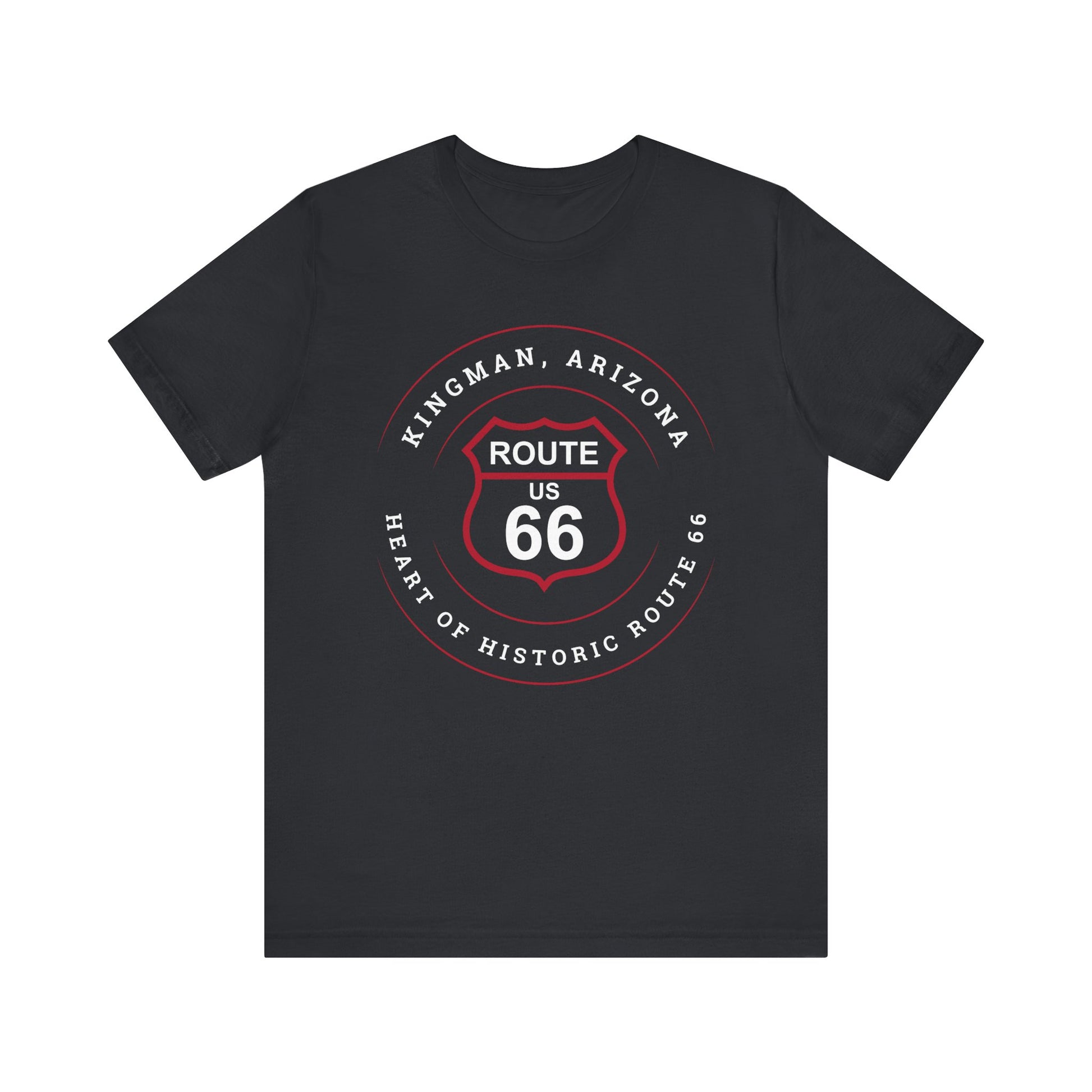 Black heather retro Route 66 unisex jersey tee with Kingman, AZ: "Heart of Historic Route 66" design