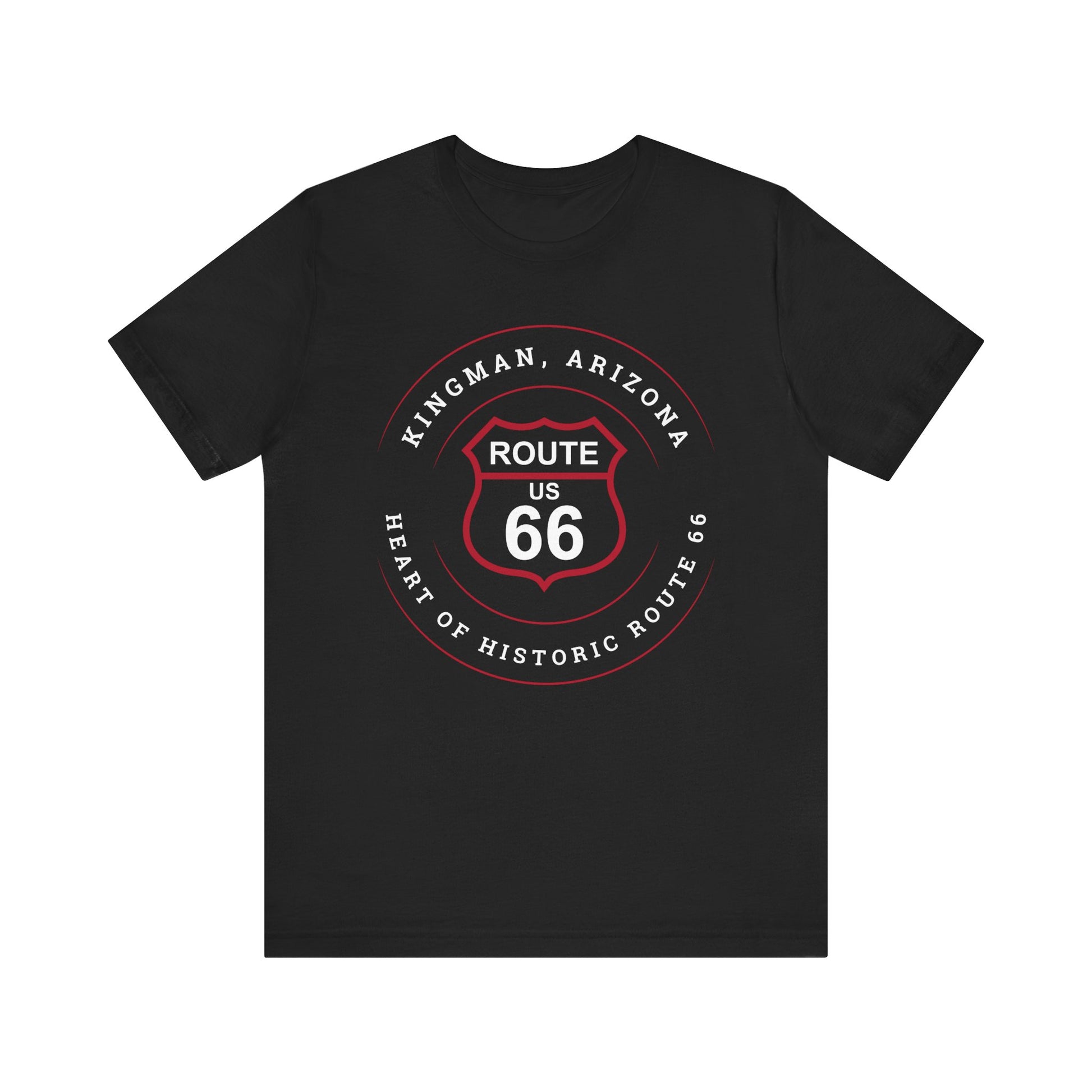 Black retro Route 66 unisex jersey tee with Kingman, AZ: "Heart of Historic Route 66" design