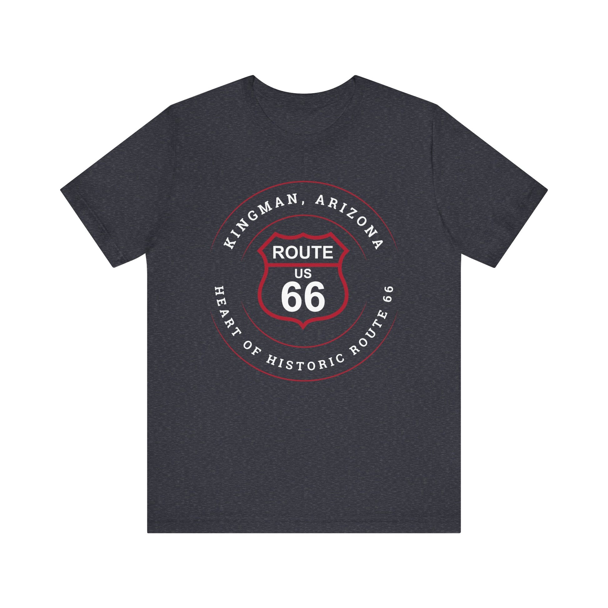 Dark grey heather retro Route 66 unisex jersey tee with Kingman, AZ: "Heart of Historic Route 66" design