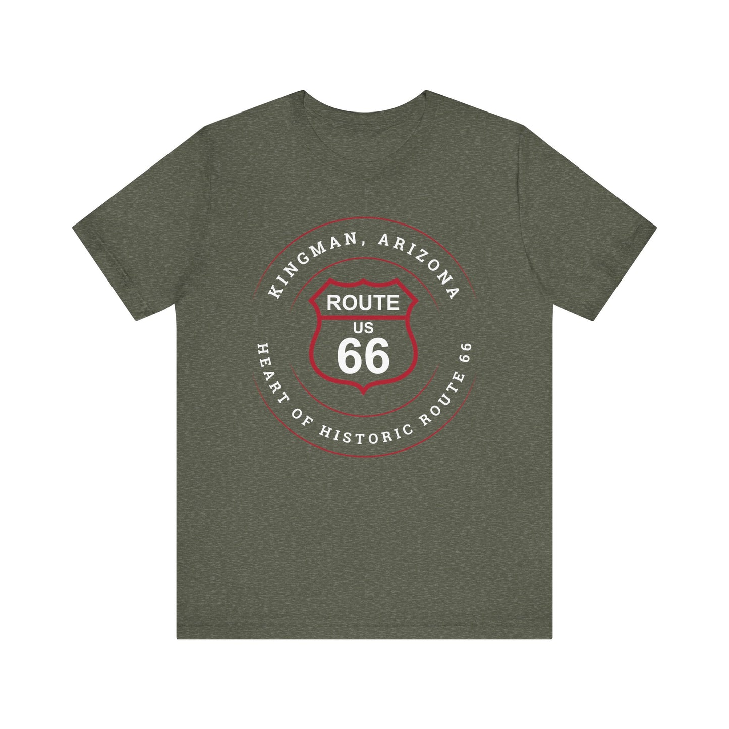 Heather military green retro Route 66 unisex jersey tee with Kingman, AZ: "Heart of Historic Route 66" design