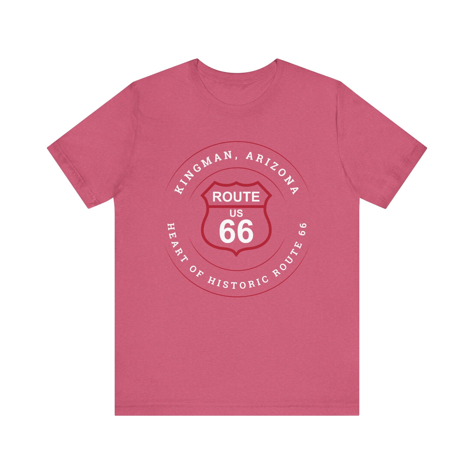 Heather raspberry retro Route 66 unisex jersey tee with Kingman, AZ: "Heart of Historic Route 66" design