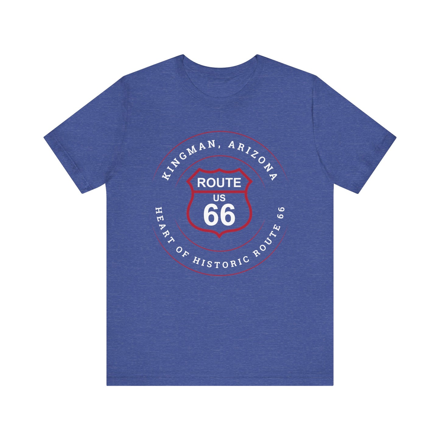 Heather true royal retro Route 66 unisex jersey tee with Kingman, AZ: "Heart of Historic Route 66" design