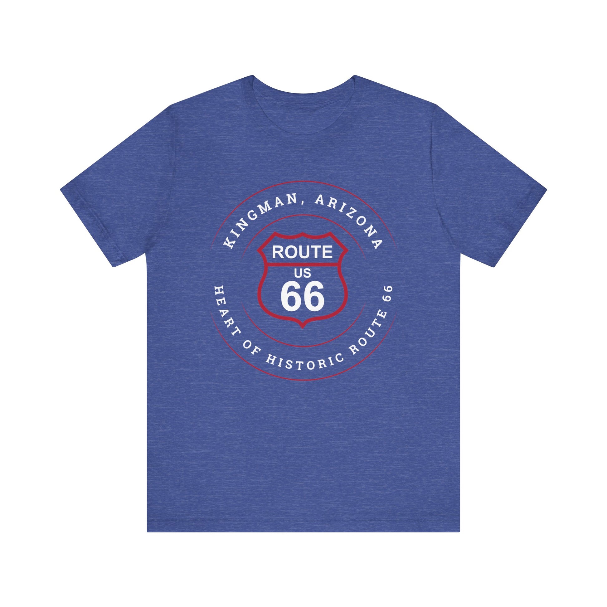 Heather true royal retro Route 66 unisex jersey tee with Kingman, AZ: "Heart of Historic Route 66" design