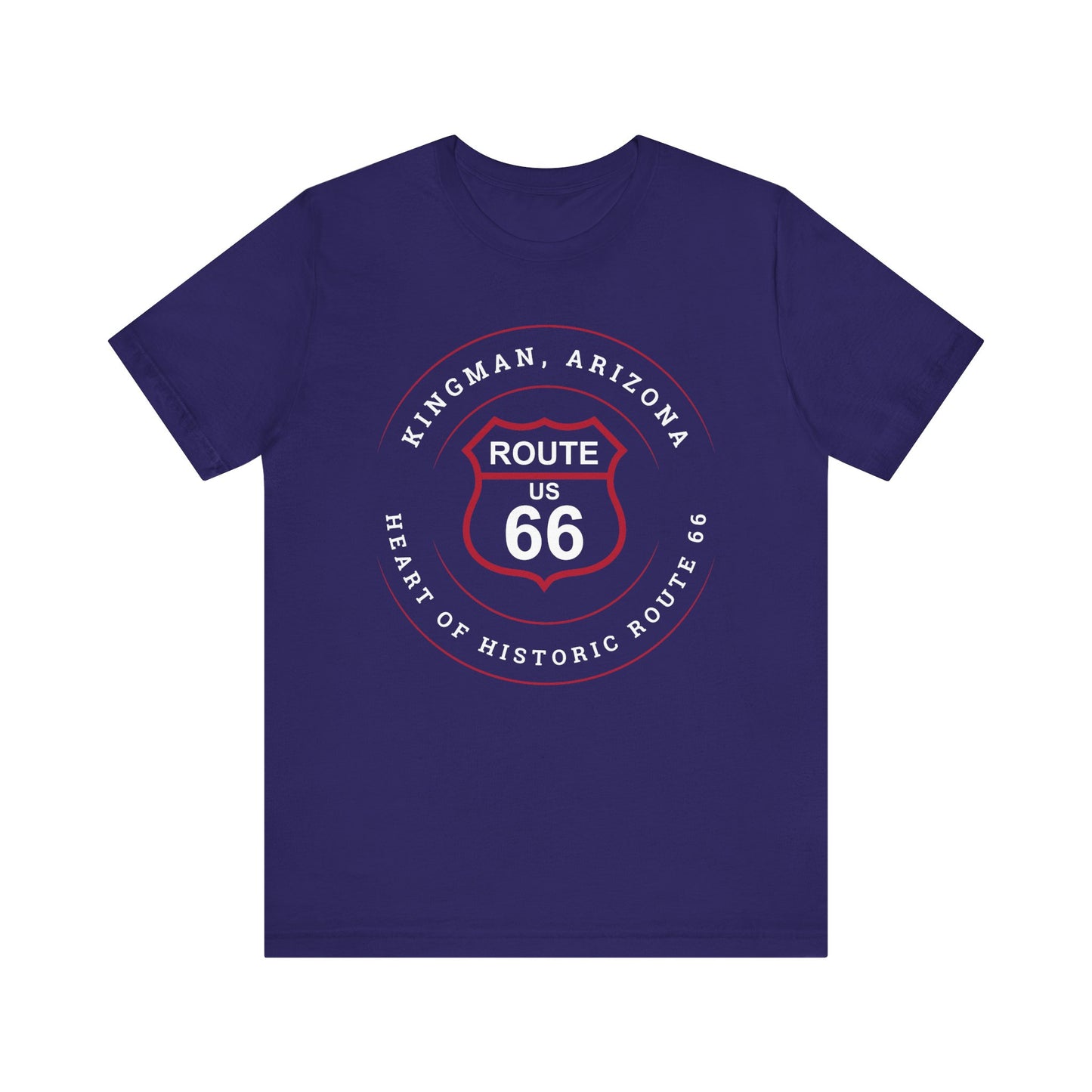 Team navy retro Route 66 unisex jersey tee with Kingman, AZ: "Heart of Historic Route 66" design