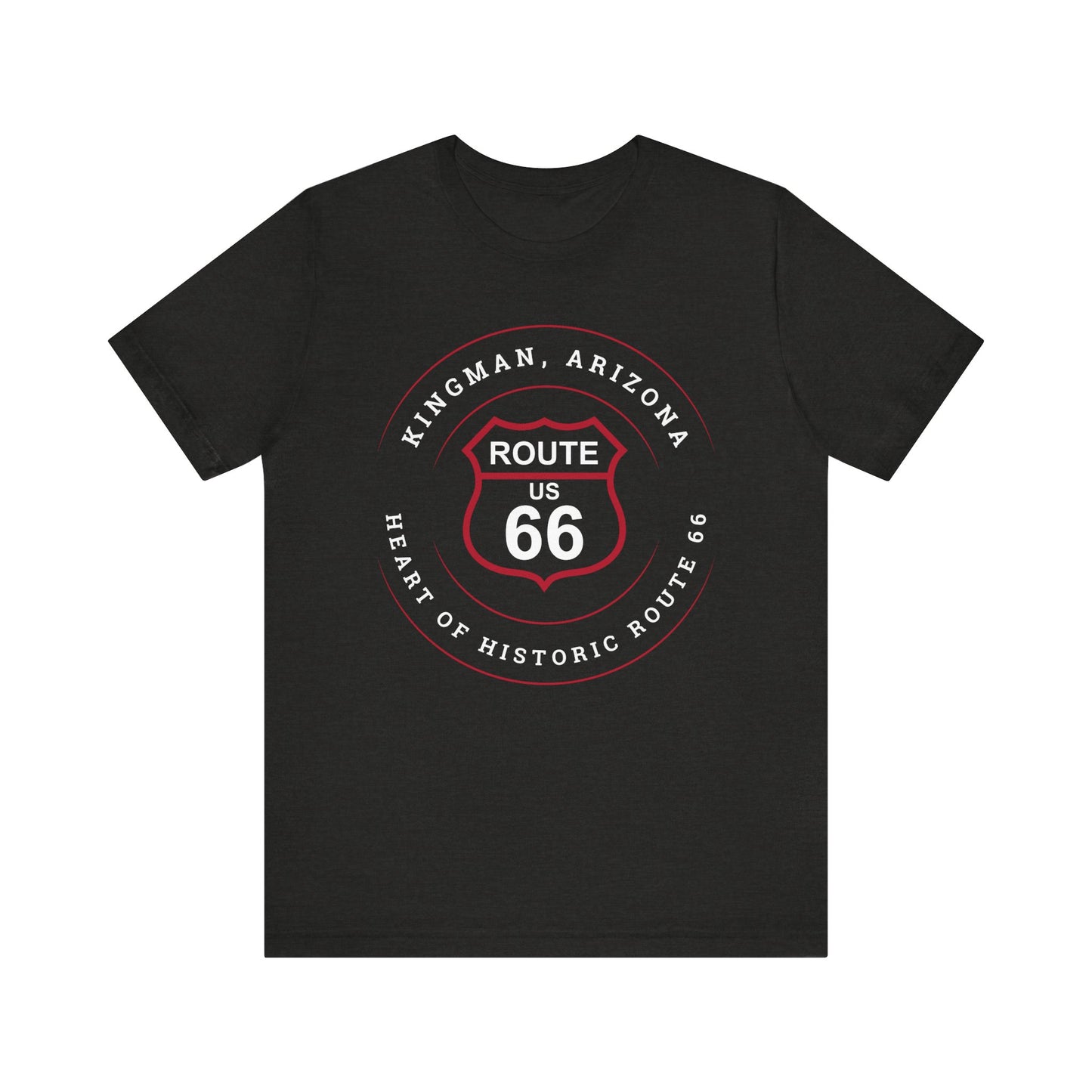 Vintage black retro Route 66 unisex jersey tee with Kingman, AZ: "Heart of Historic Route 66" design