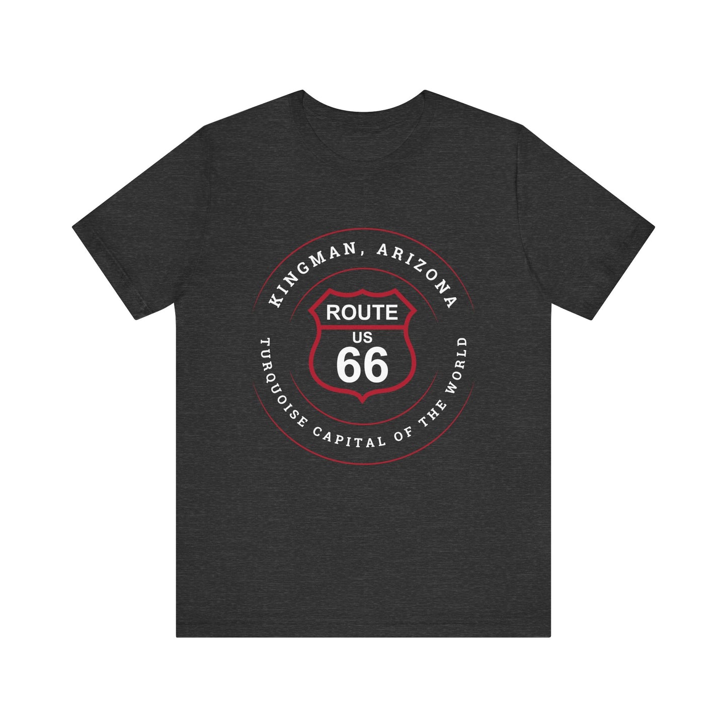 Dark grey heather retro Route 66 unisex jersey tee with Kingman, AZ: "Turquoise Capital of the World" design