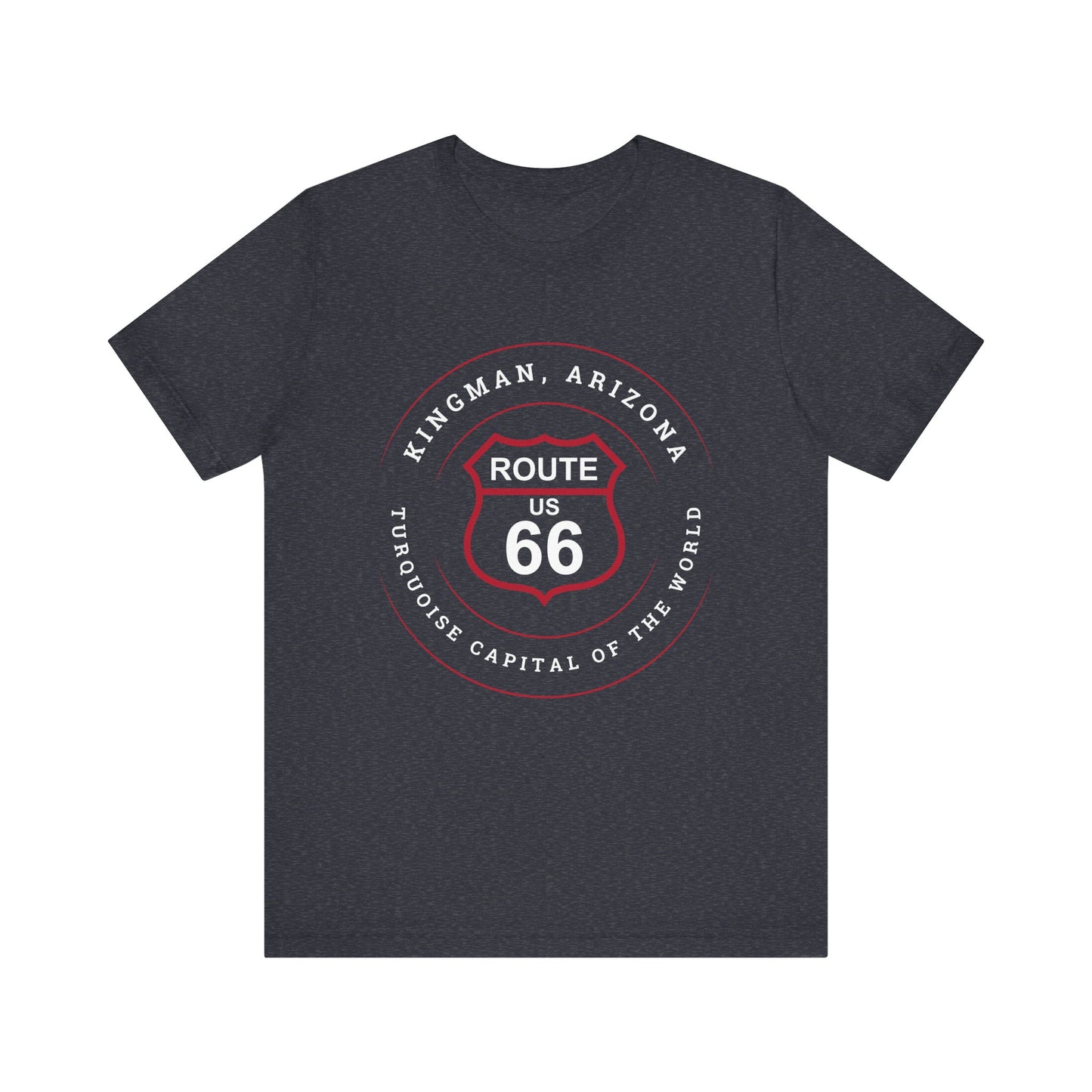 Heather navy retro Route 66 unisex jersey tee with Kingman, AZ: "Turquoise Capital of the World" design