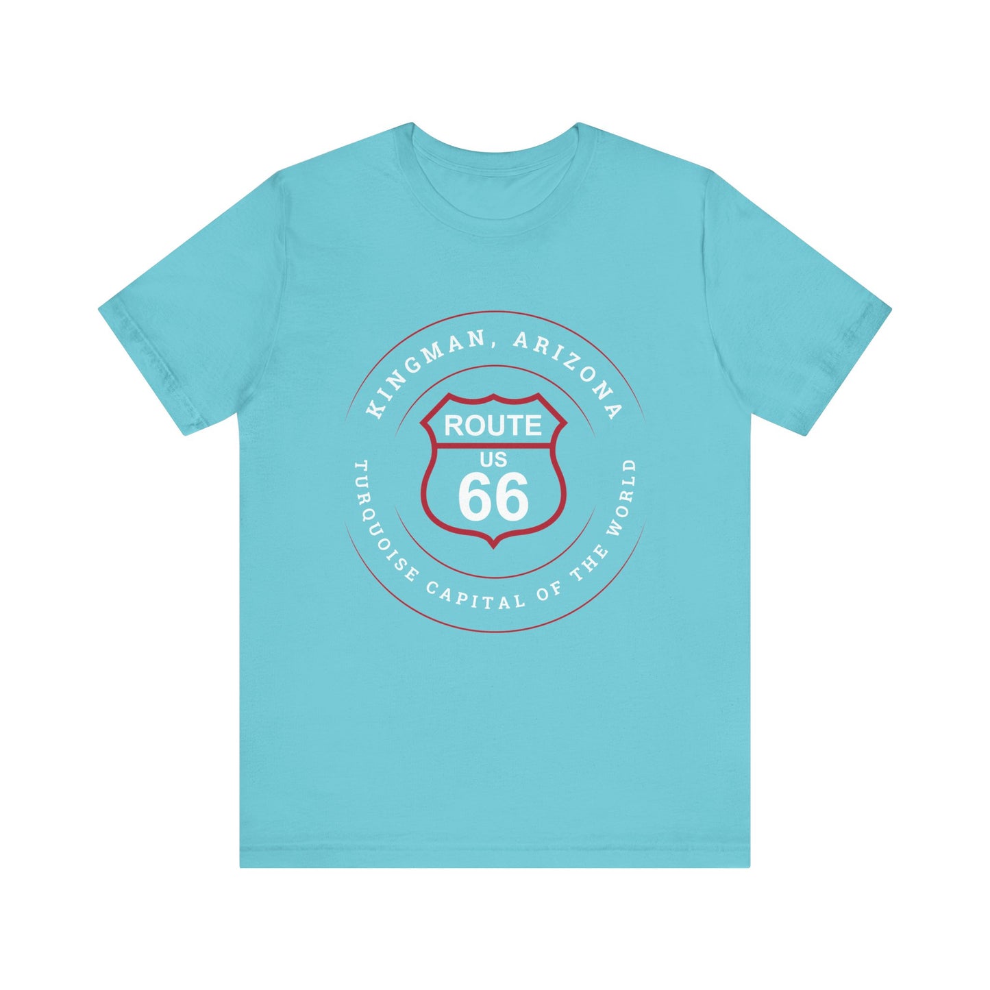 Turquoise retro Route 66 unisex jersey tee with Kingman, AZ: "Turquoise Capital of the World" design