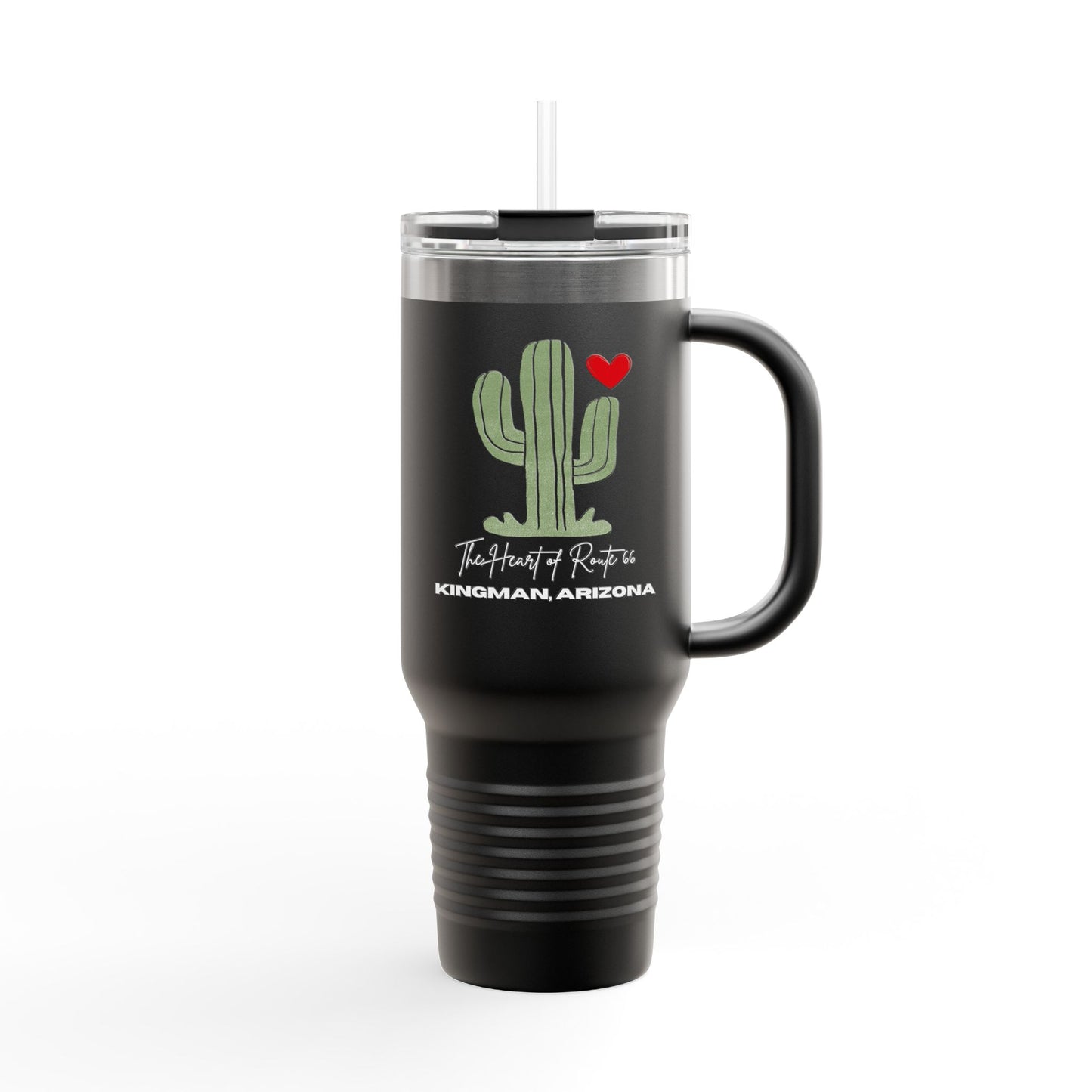Route 66 cactus travel mug with Kingman, Arizona text, black stainless steel insulated tumbler.