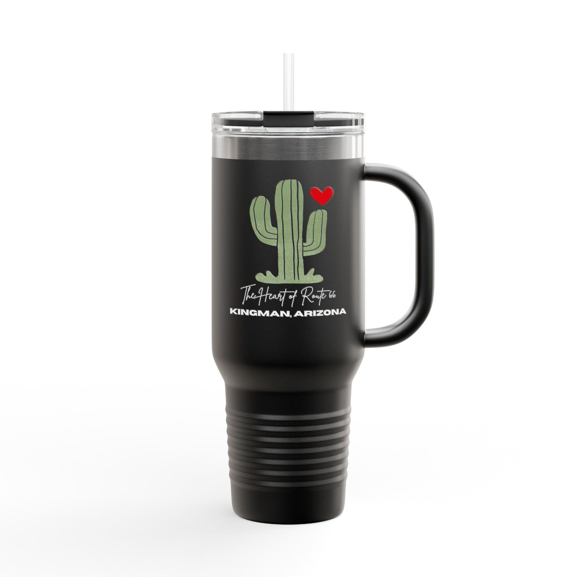 Route 66 cactus travel mug with Kingman, Arizona text, black stainless steel insulated tumbler.