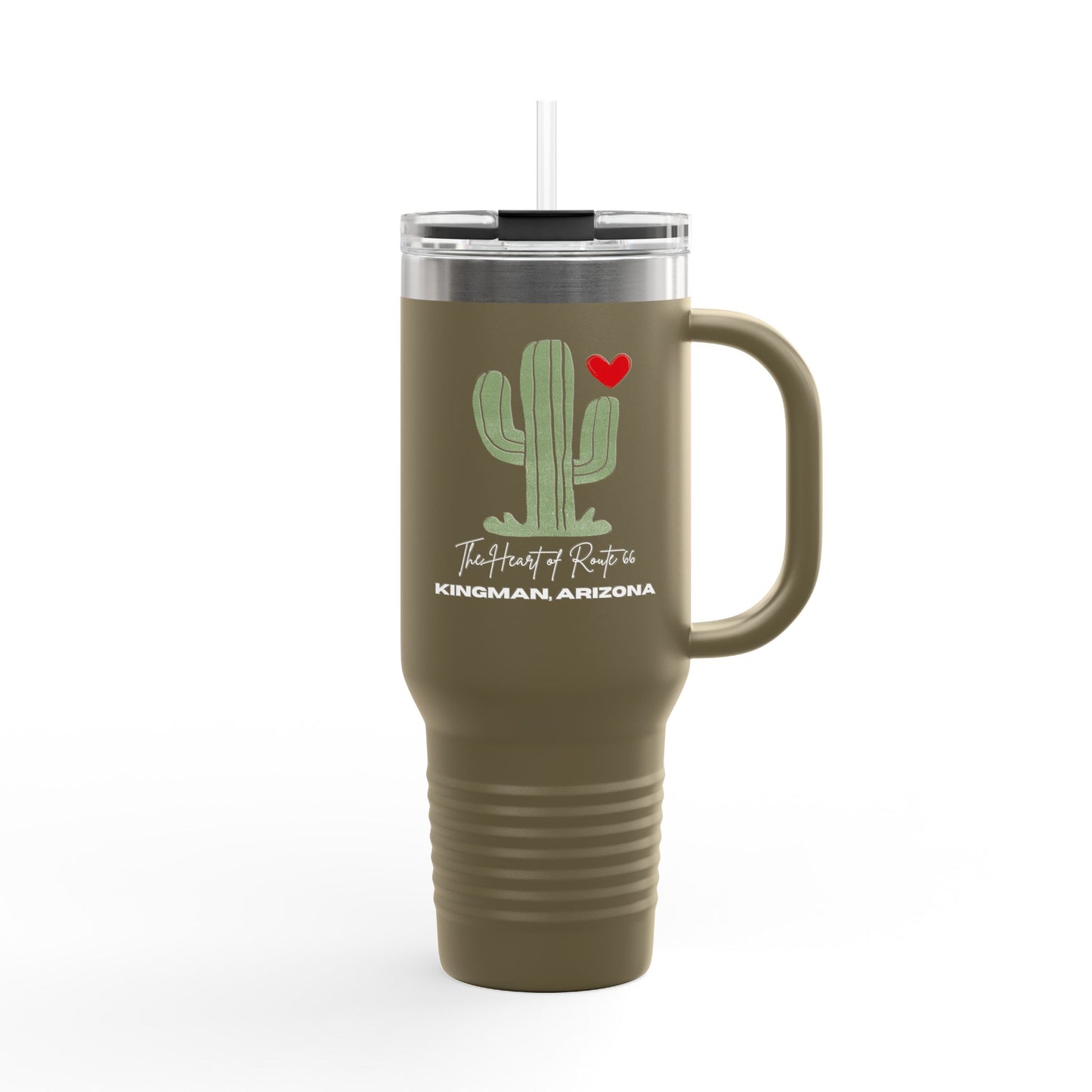 Route 66 cactus travel mug with Kingman, Arizona text, olive green stainless steel insulated tumbler.