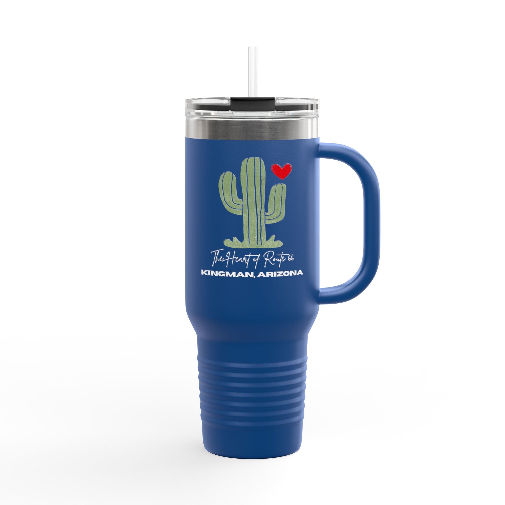Route 66 cactus travel mug with Kingman, Arizona text, royal blue stainless steel insulated tumbler.