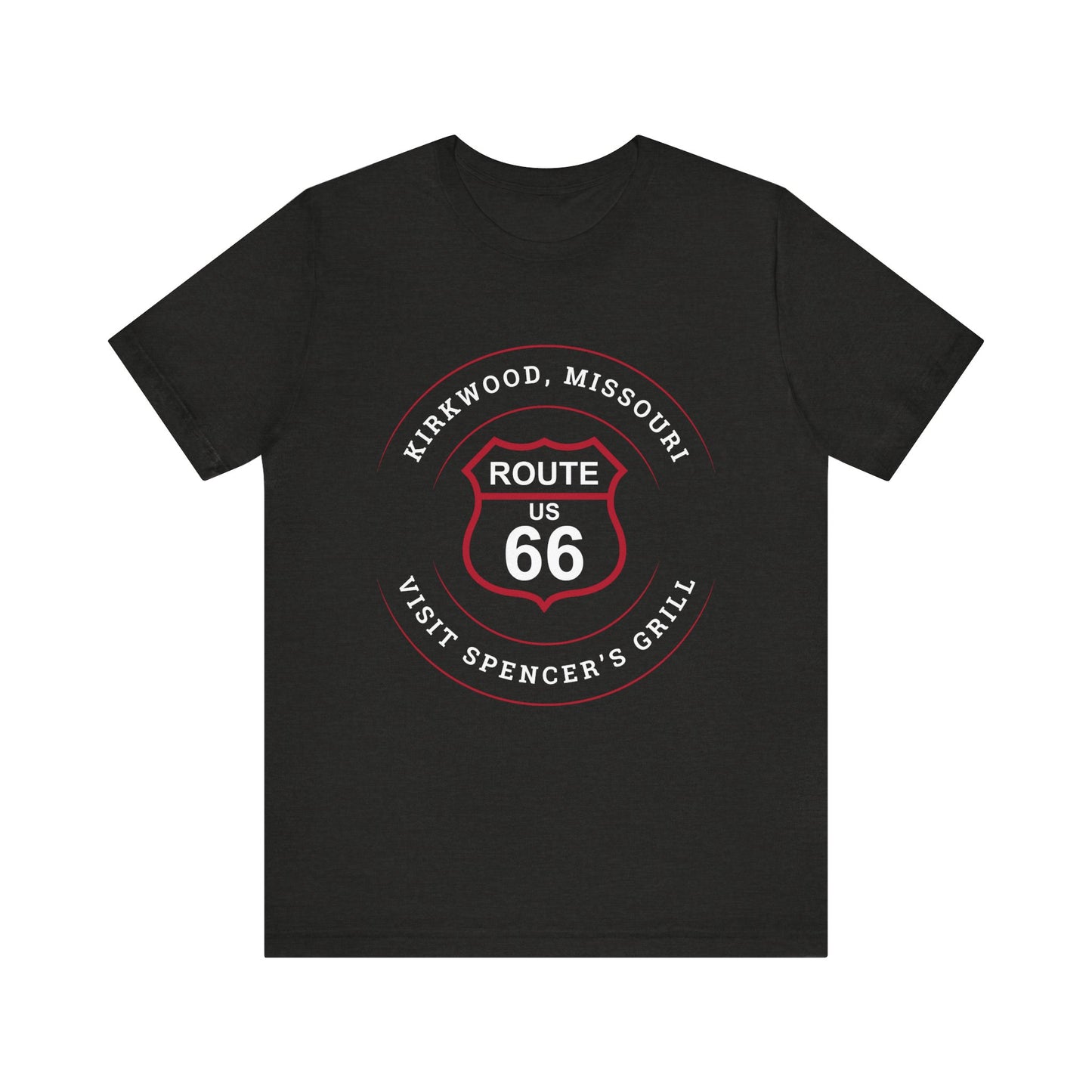Black heather retro Route 66 unisex jersey tee with Kirkwood, MO: "Visit Spencer's Grill" design