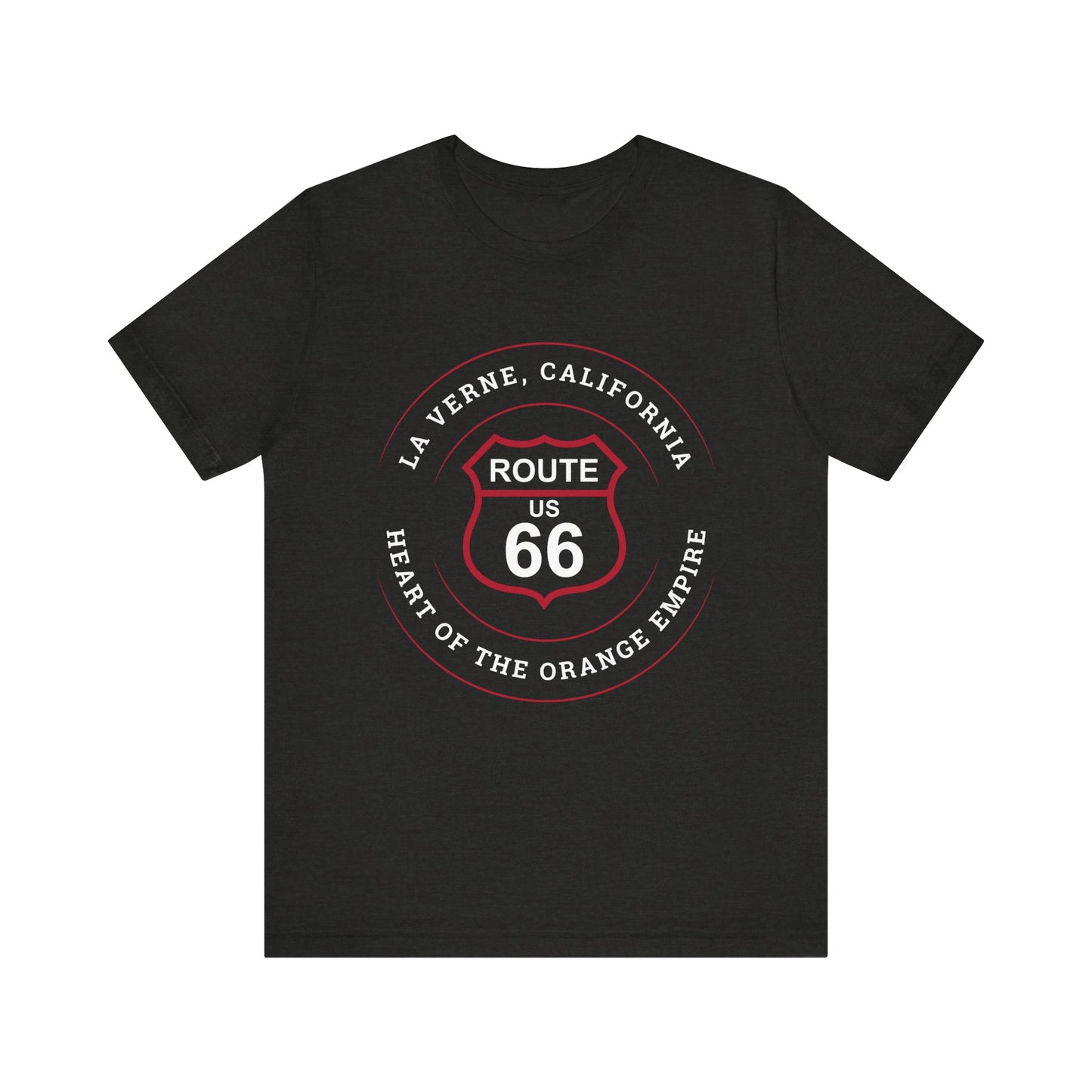 Black heather retro Route 66 unisex jersey tee with La Verne, CA: "Heart of the Orange Empire" design