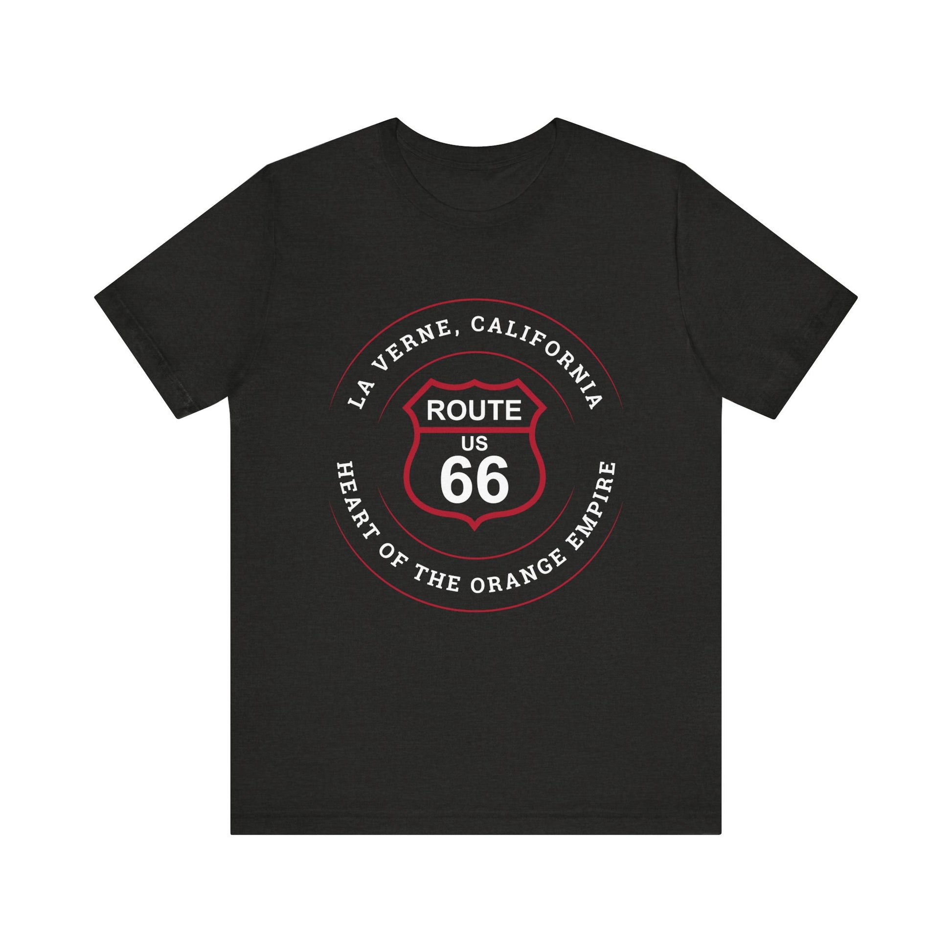 Black heather retro Route 66 unisex jersey tee with La Verne, CA: "Heart of the Orange Empire" design
