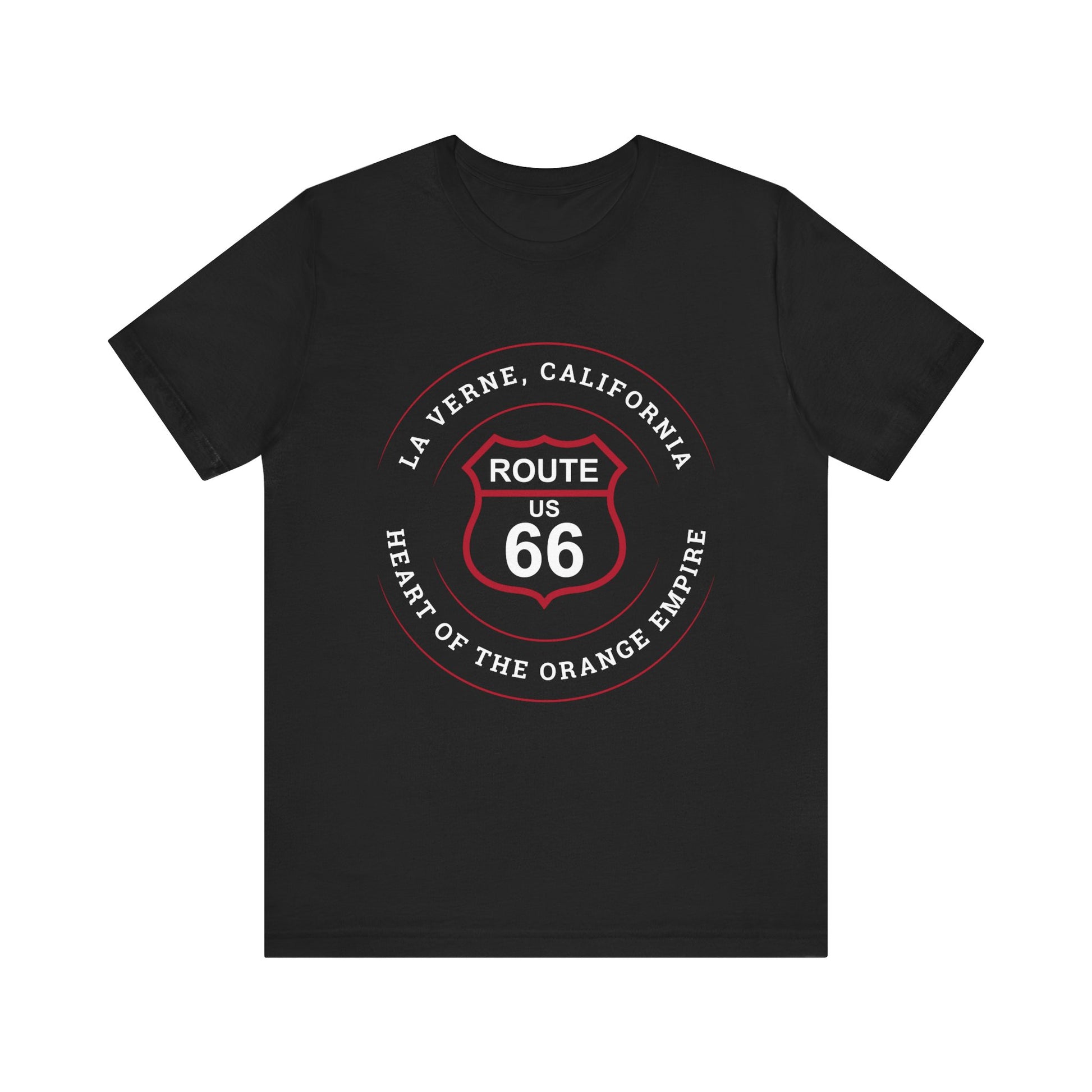 Black retro Route 66 unisex jersey tee with La Verne, CA: "Heart of the Orange Empire" design