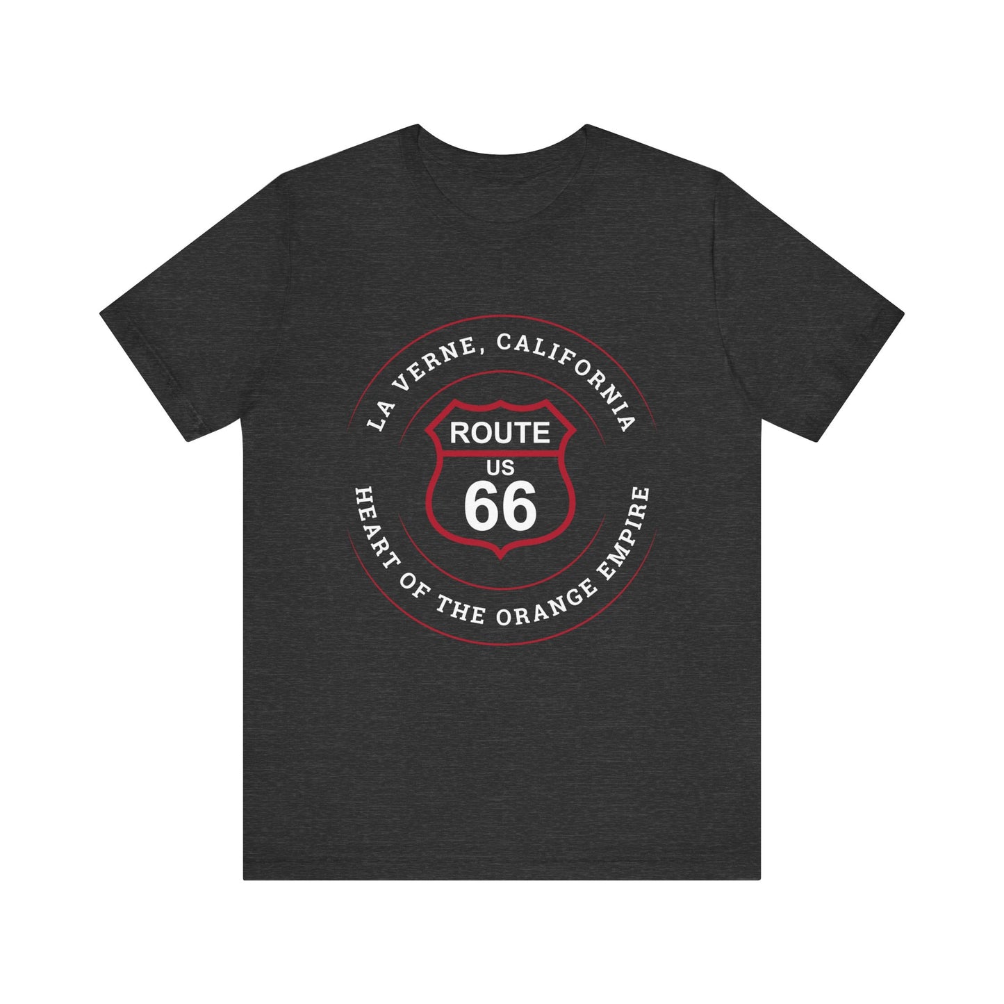 Dark grey heather retro Route 66 unisex jersey tee with La Verne, CA: "Heart of the Orange Empire" design