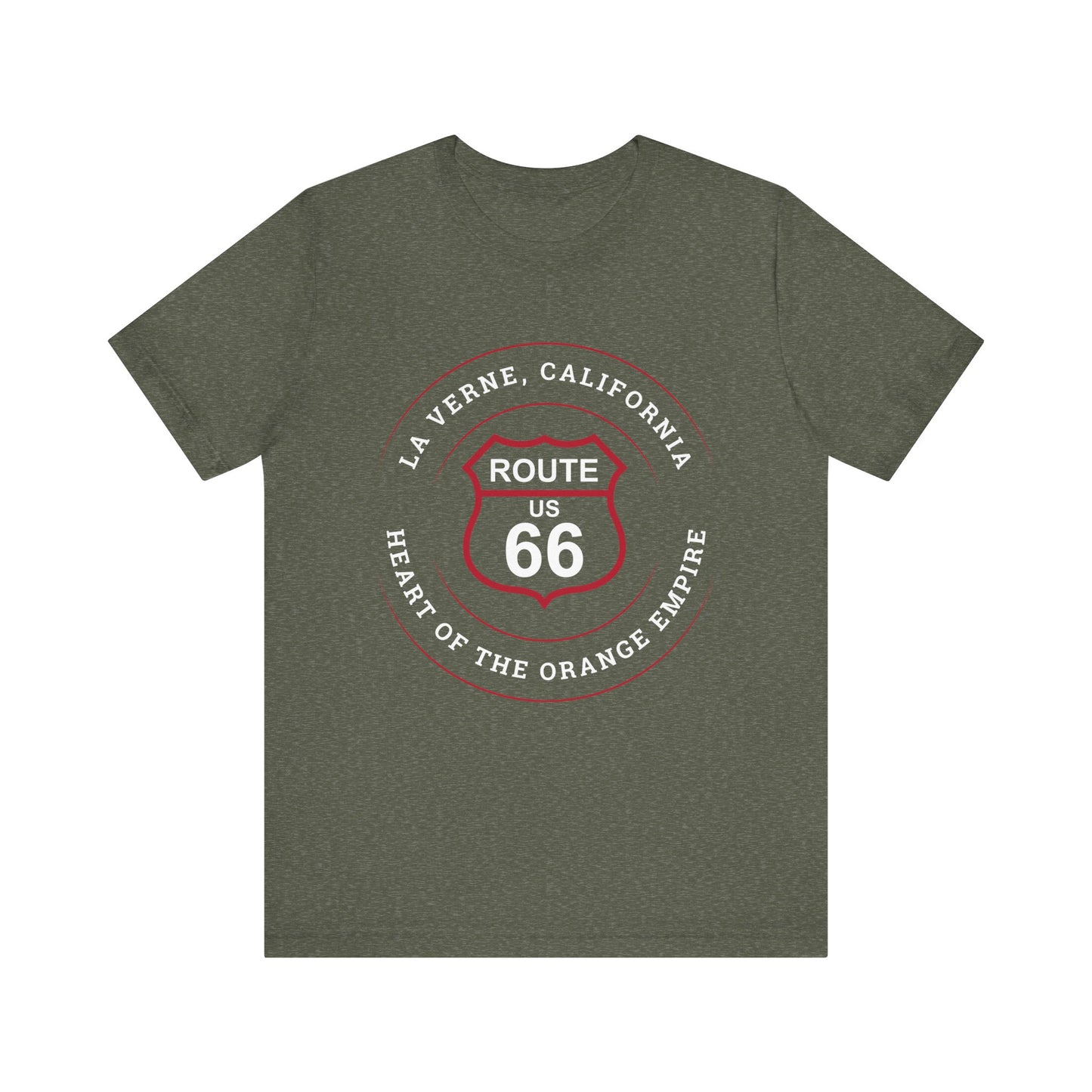 Heather military green retro Route 66 unisex jersey tee with La Verne, CA: "Heart of the Orange Empire" design