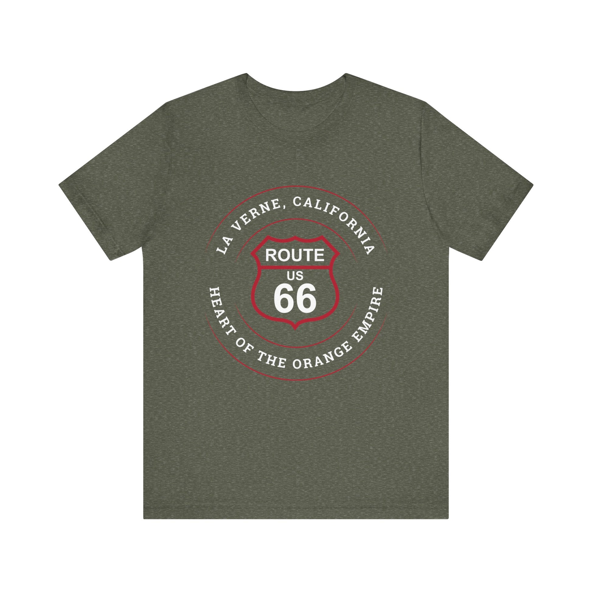 Heather military green retro Route 66 unisex jersey tee with La Verne, CA: "Heart of the Orange Empire" design