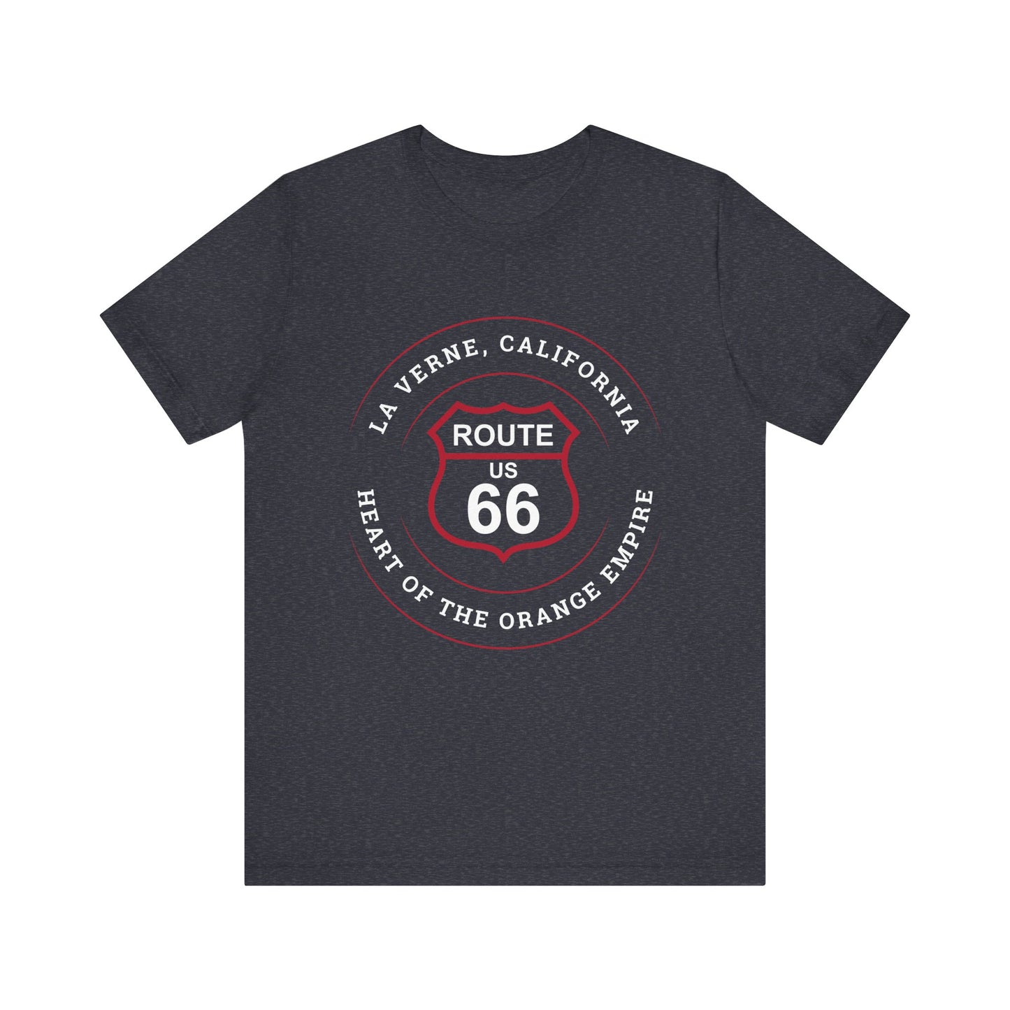 Heather navy retro Route 66 unisex jersey tee with La Verne, CA: "Heart of the Orange Empire" design