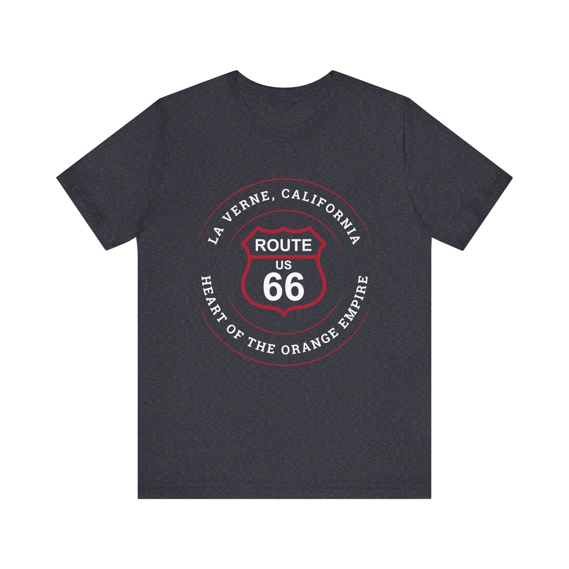 Heather navy retro Route 66 unisex jersey tee with La Verne, CA: "Heart of the Orange Empire" design