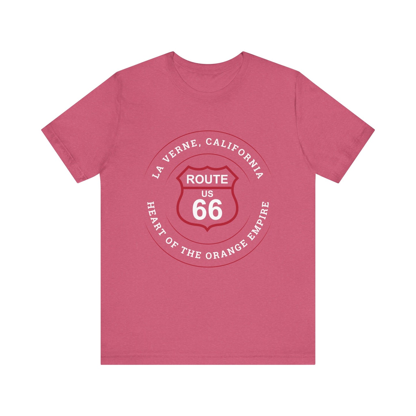Heather raspberry retro Route 66 unisex jersey tee with La Verne, CA: "Heart of the Orange Empire" design