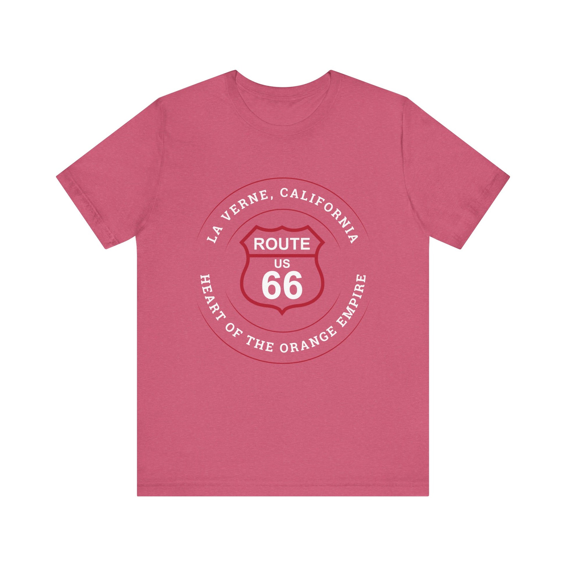 Heather raspberry retro Route 66 unisex jersey tee with La Verne, CA: "Heart of the Orange Empire" design