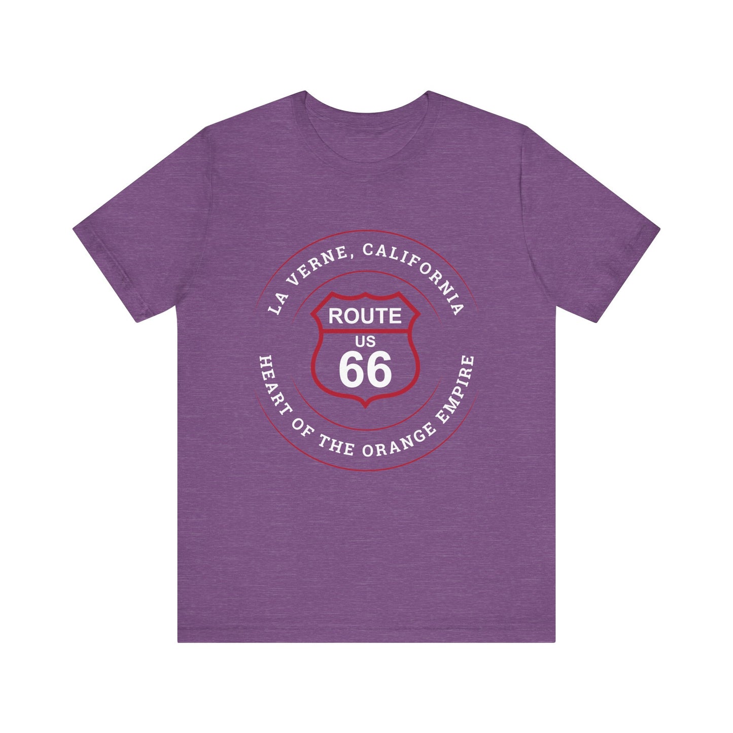 Heather team purple retro Route 66 unisex jersey tee with La Verne, CA: "Heart of the Orange Empire" design