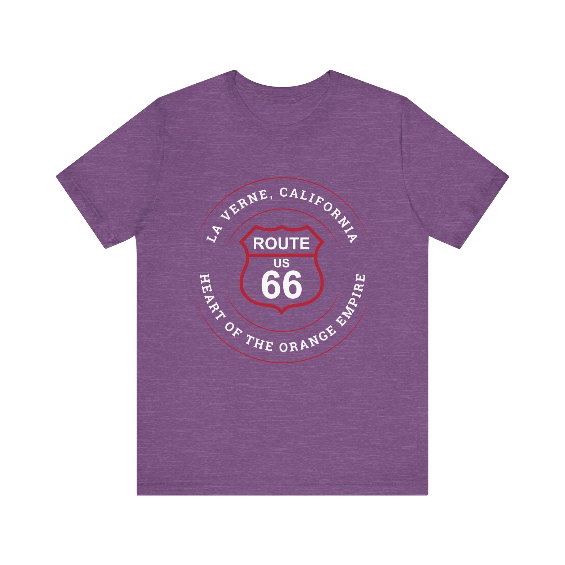 Heather team purple retro Route 66 unisex jersey tee with La Verne, CA: "Heart of the Orange Empire" design