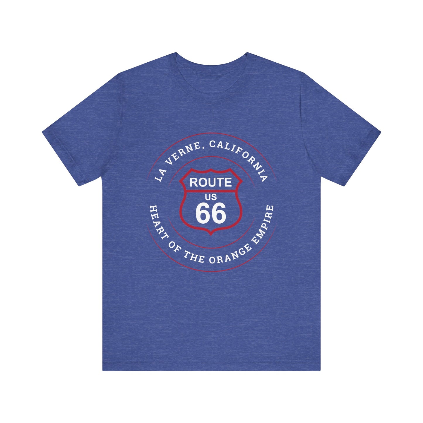 Heather true royal retro Route 66 unisex jersey tee with La Verne, CA: "Heart of the Orange Empire" design