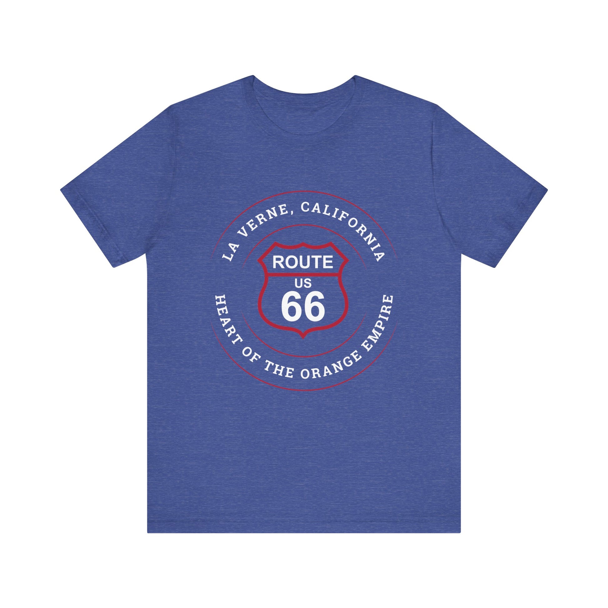 Heather true royal retro Route 66 unisex jersey tee with La Verne, CA: "Heart of the Orange Empire" design
