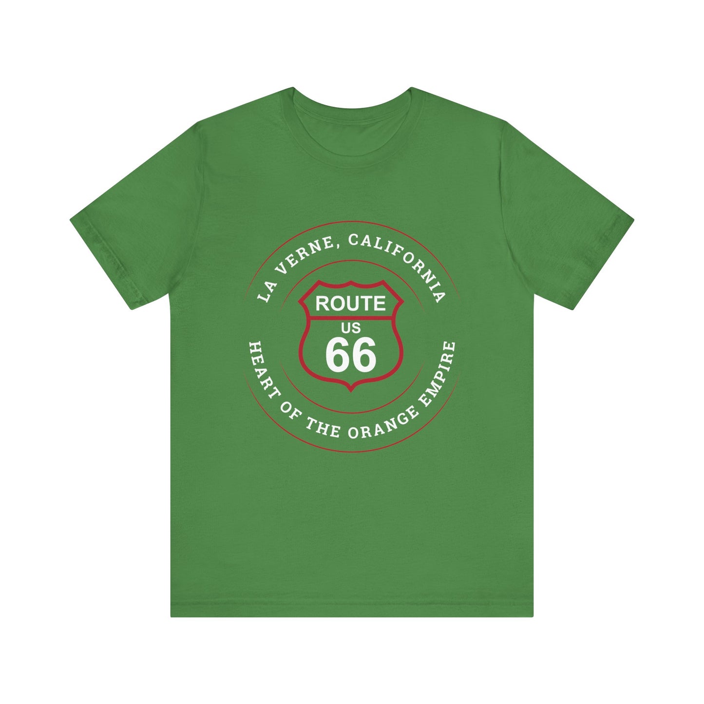 Leaf retro Route 66 unisex jersey tee with La Verne, CA: "Heart of the Orange Empire" design