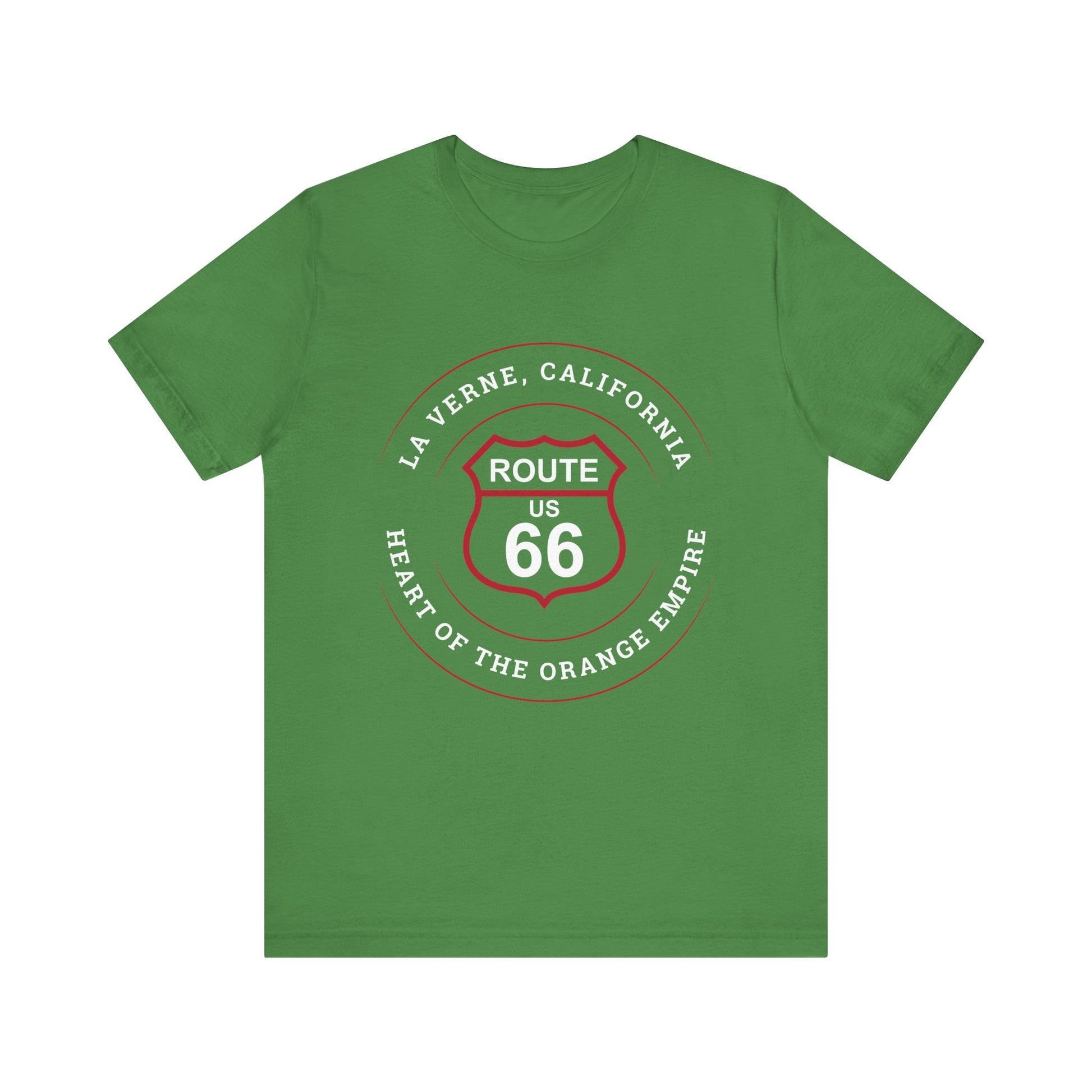 Leaf retro Route 66 unisex jersey tee with La Verne, CA: "Heart of the Orange Empire" design