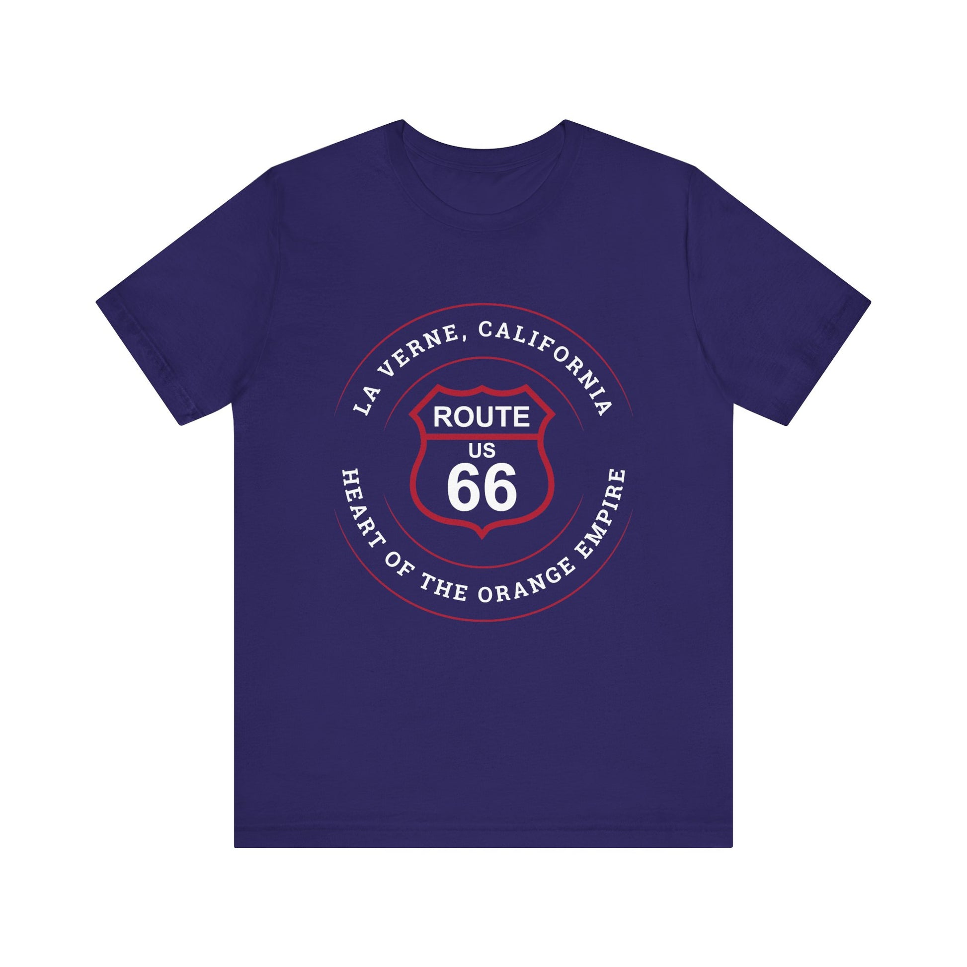 Team navy retro Route 66 unisex jersey tee with La Verne, CA: "Heart of the Orange Empire" design