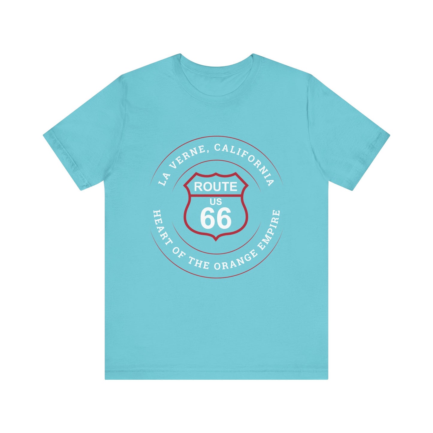 Turquoise retro Route 66 unisex jersey tee with La Verne, CA: "Heart of the Orange Empire" design