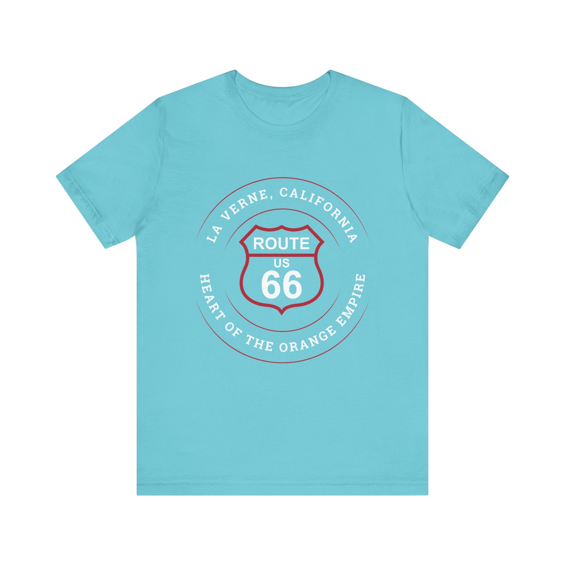 Turquoise retro Route 66 unisex jersey tee with La Verne, CA: "Heart of the Orange Empire" design