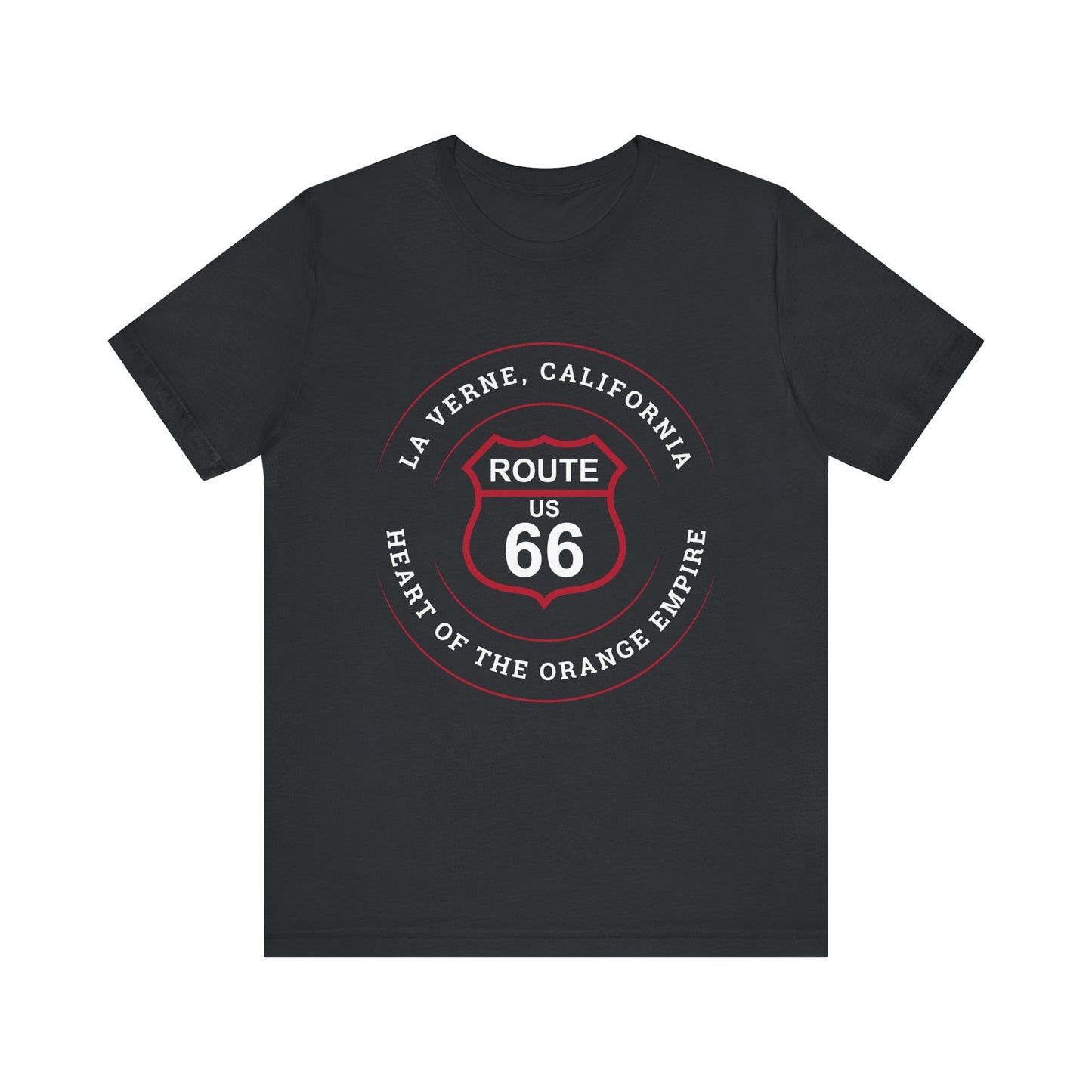 Vintage black retro Route 66 unisex jersey tee with La Verne, CA: "Heart of the Orange Empire" design