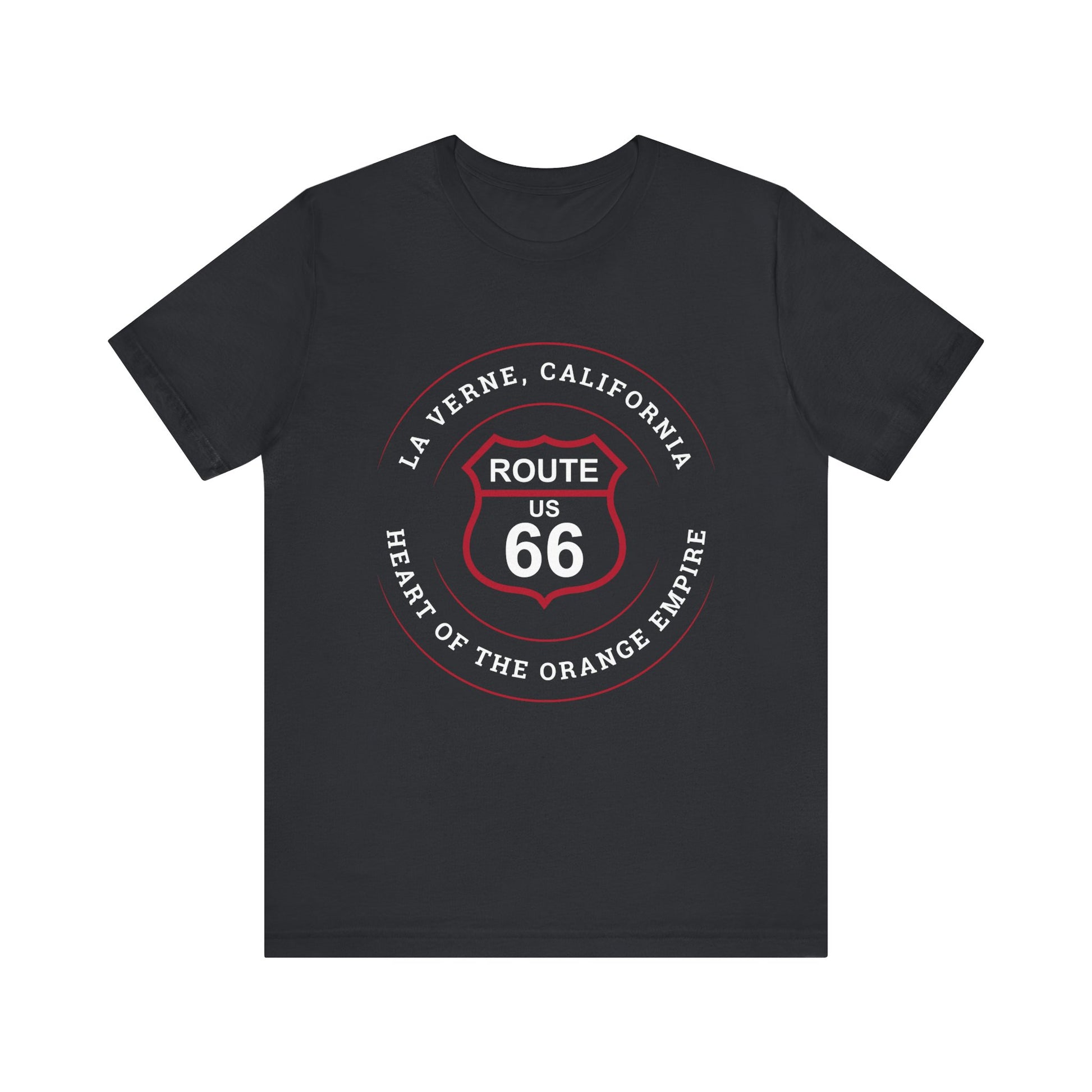Vintage black retro Route 66 unisex jersey tee with La Verne, CA: "Heart of the Orange Empire" design